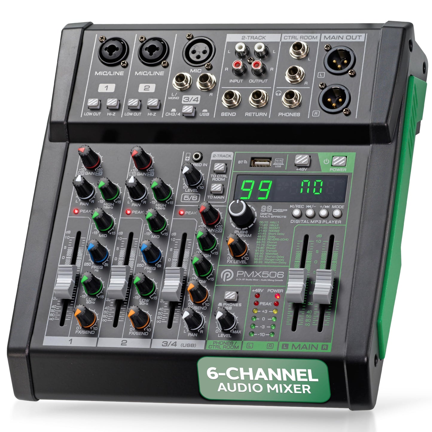 Pyle 6-Channel Audio Mixer - Bluetooth 5.0 Studio Mixer/DJ Controller with Digital Effects - USB Interface - MP3 Compatible - XLR Inputs and LED Display - Audio Mixing Sound Board System - PMX506