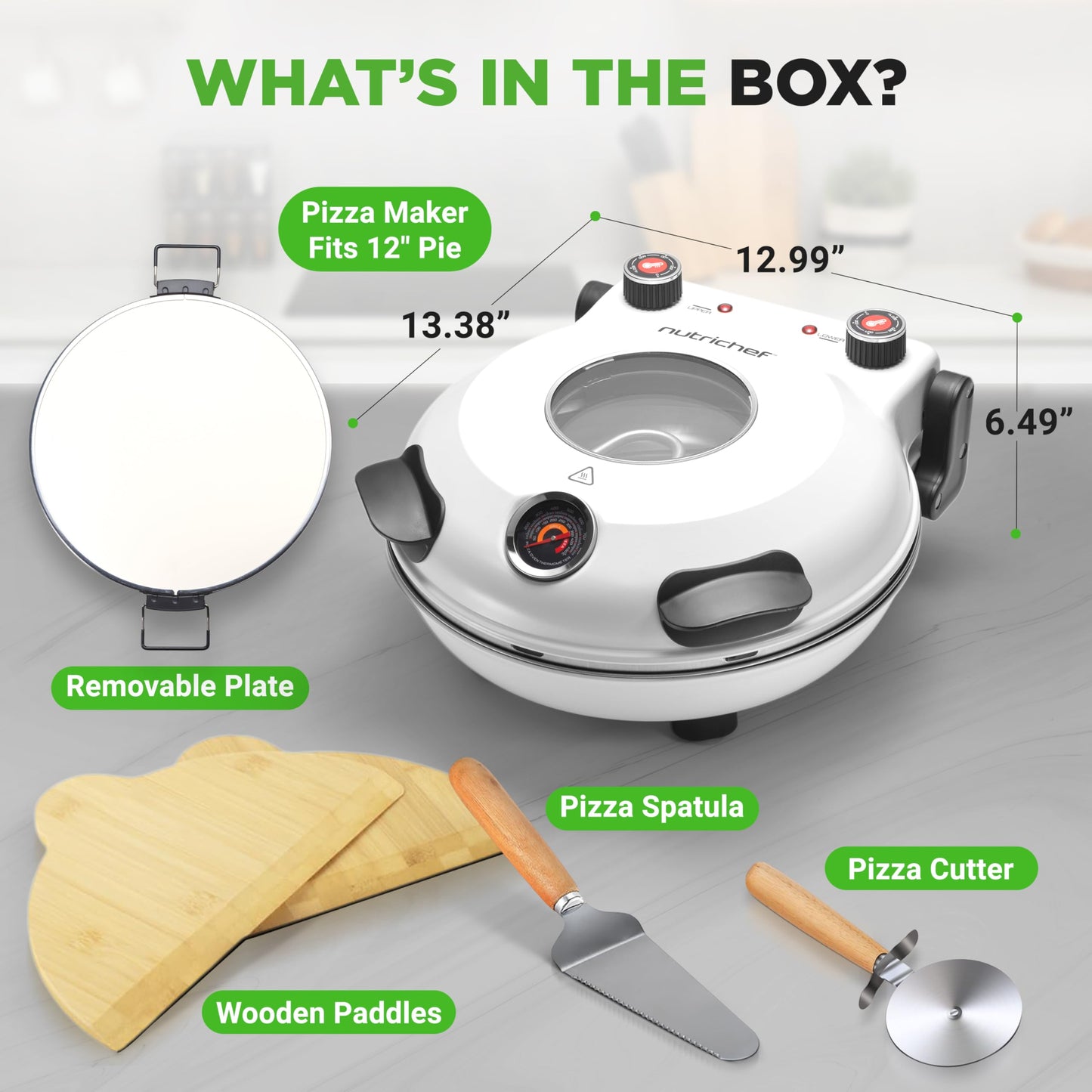 NutriChef Electric Pizza Oven | 12 Inch Countertop Pizza Maker with Temperature Control & Thermometer | Viewing Window for Precise Cooking | Heats up to 800F | Easy to Clean Non-Stick Stone | White
