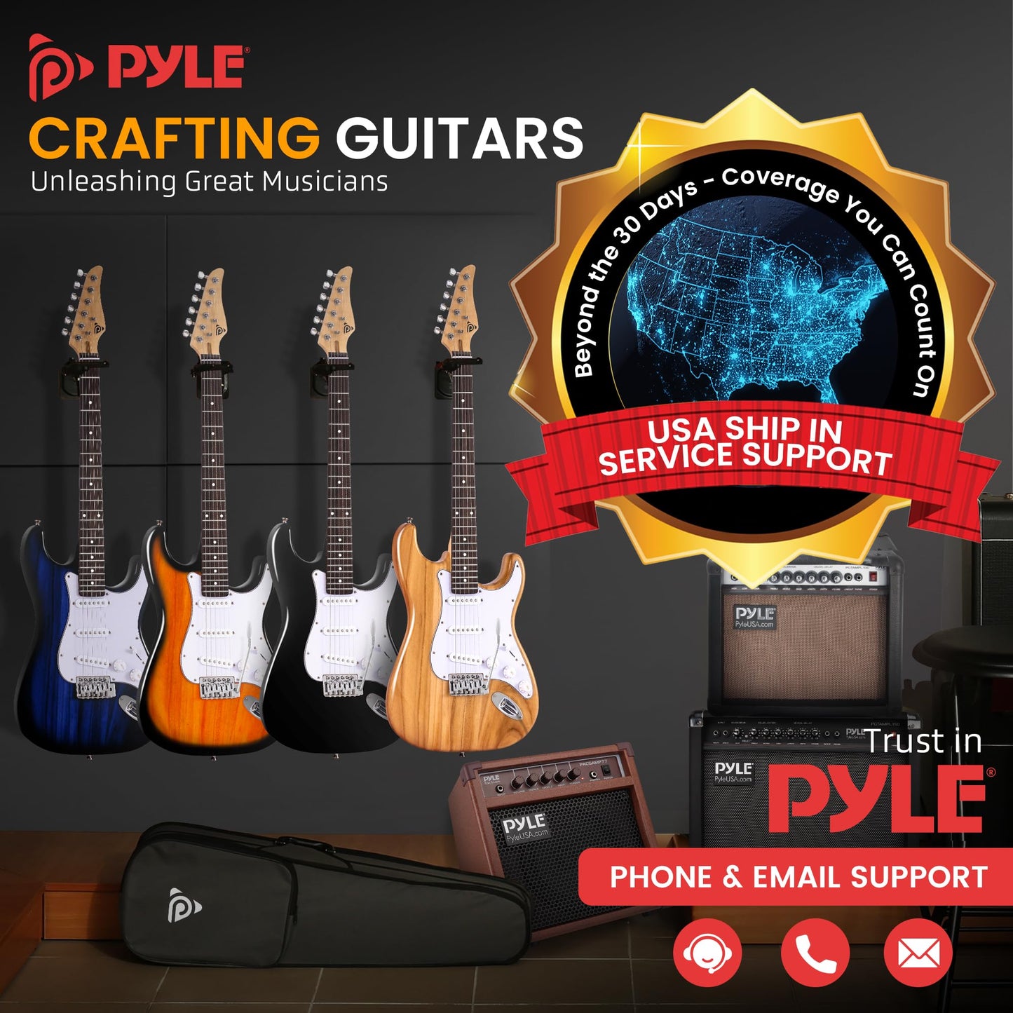 Pyle Full Size Electric Guitar Kit with 5W Amplifier, Gig Bag, Picks, Spare Strings, and Strap, ST-Style Beginner Guitar Bundle with 22 Frets, Paulownia Wood Body, Sun Burst