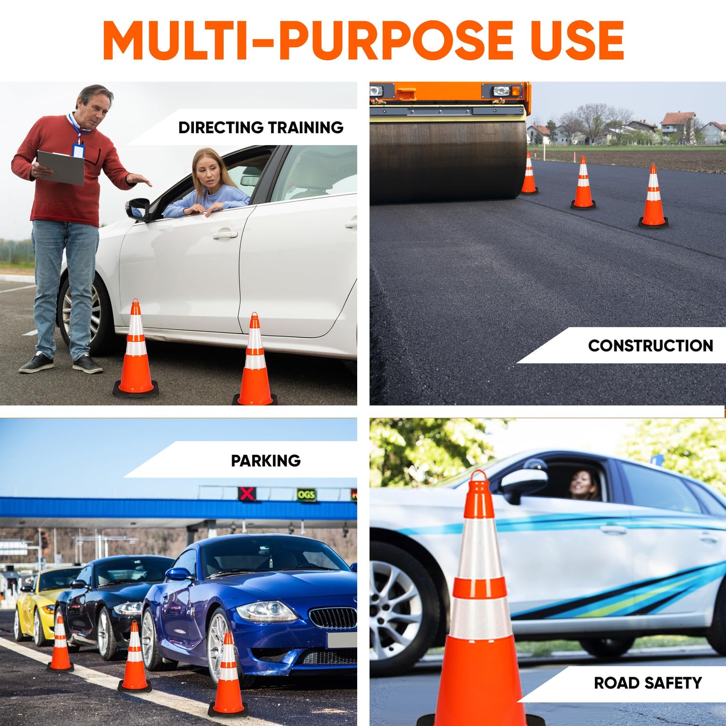 Pyle 28" PVC Traffic Cones, 10-Pack Safety Cones for Parking, Construction, Roadwork, & Sports Training, High-Visibility Orange, Durable, Stackable Design, Heavy-Duty Base for Stability in All Weather