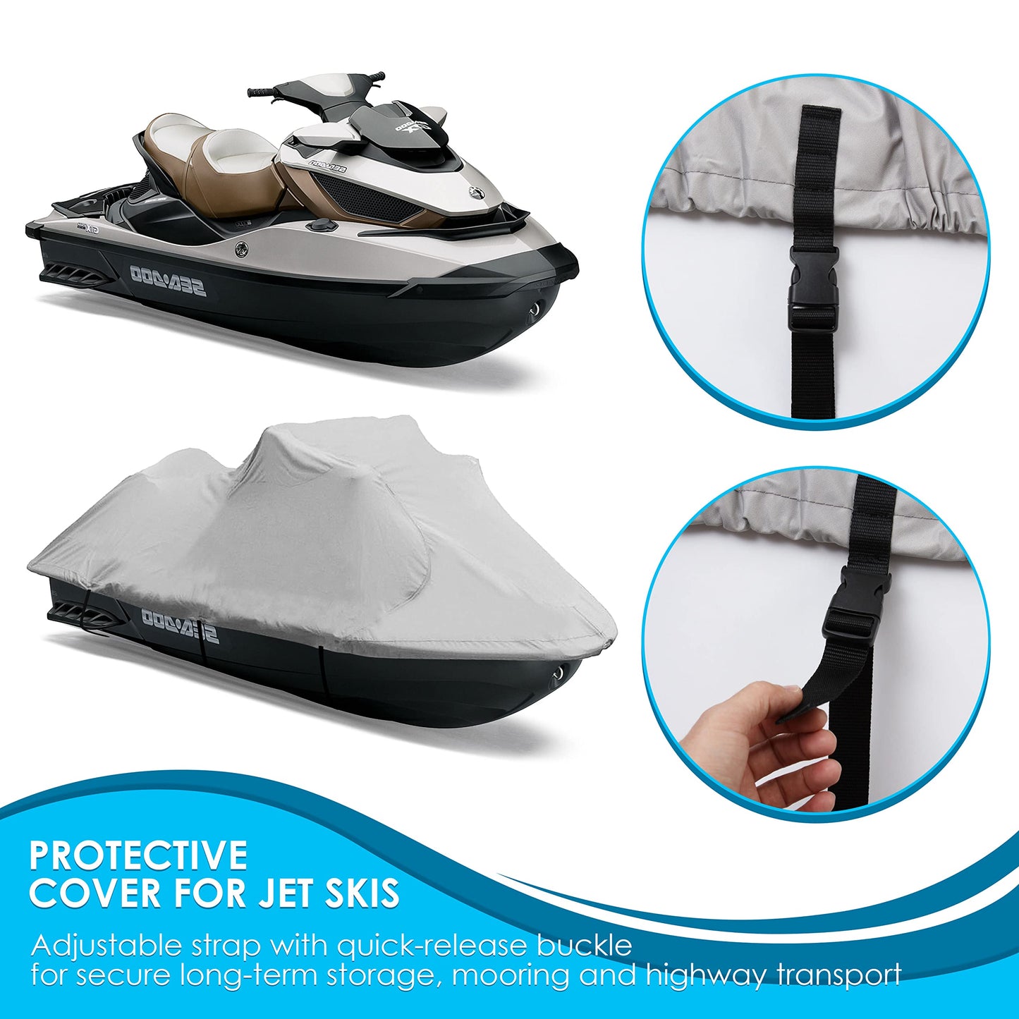 Heavy Duty Jetski Storage Cover - 118” to 126” Marine Grade Boat Cover with Rear Air Vents, Waterproof & Weather Resistant Fabric & Elastic Cord for Tight Custom Fit - Pyle PCVJS12