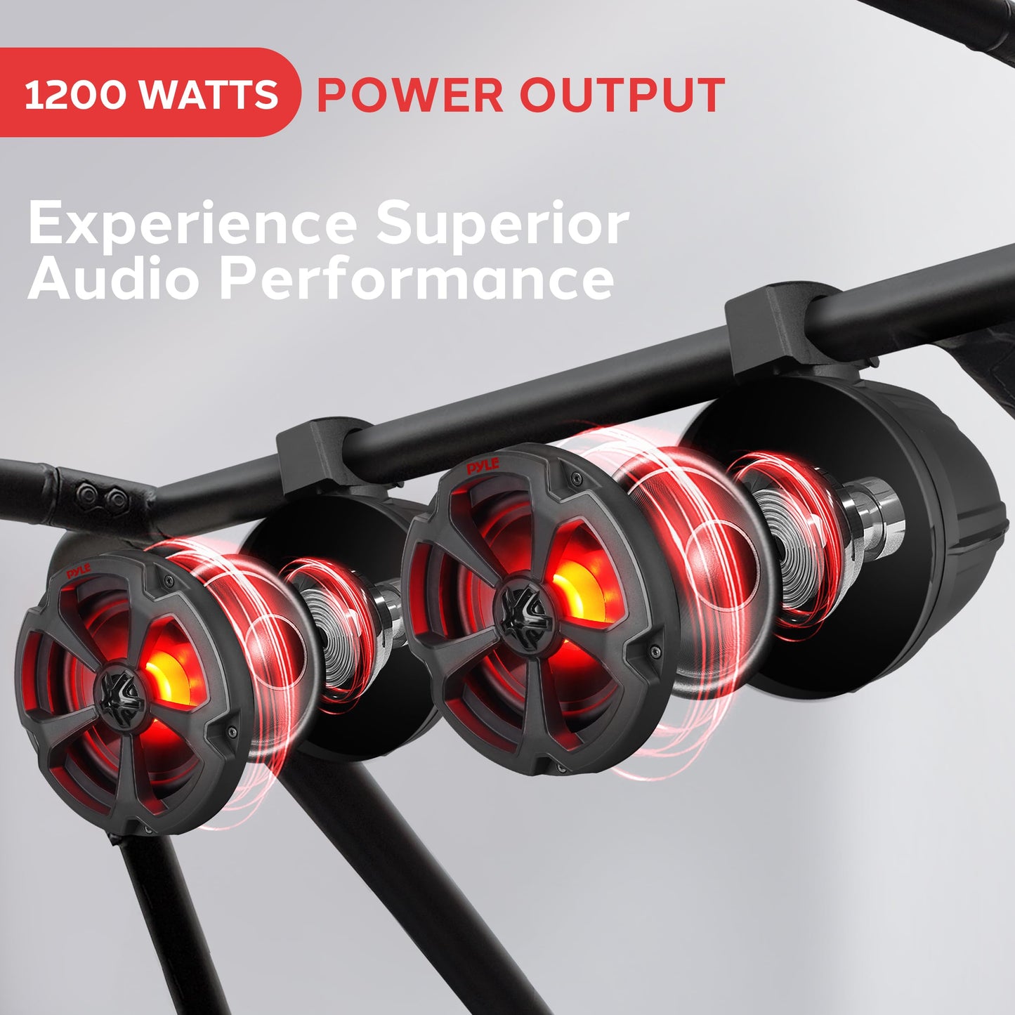 Pyle Marine Speakers, Boat Speakers, Waterproof Speakers, 6.5’’ Water-Resistant Bluetooth, 1200 Watt, RGB Lights, Remote Control, Aux Input, Universal Mounting Brackets, ATV, UTV, Jeep, PLUTV65BTR