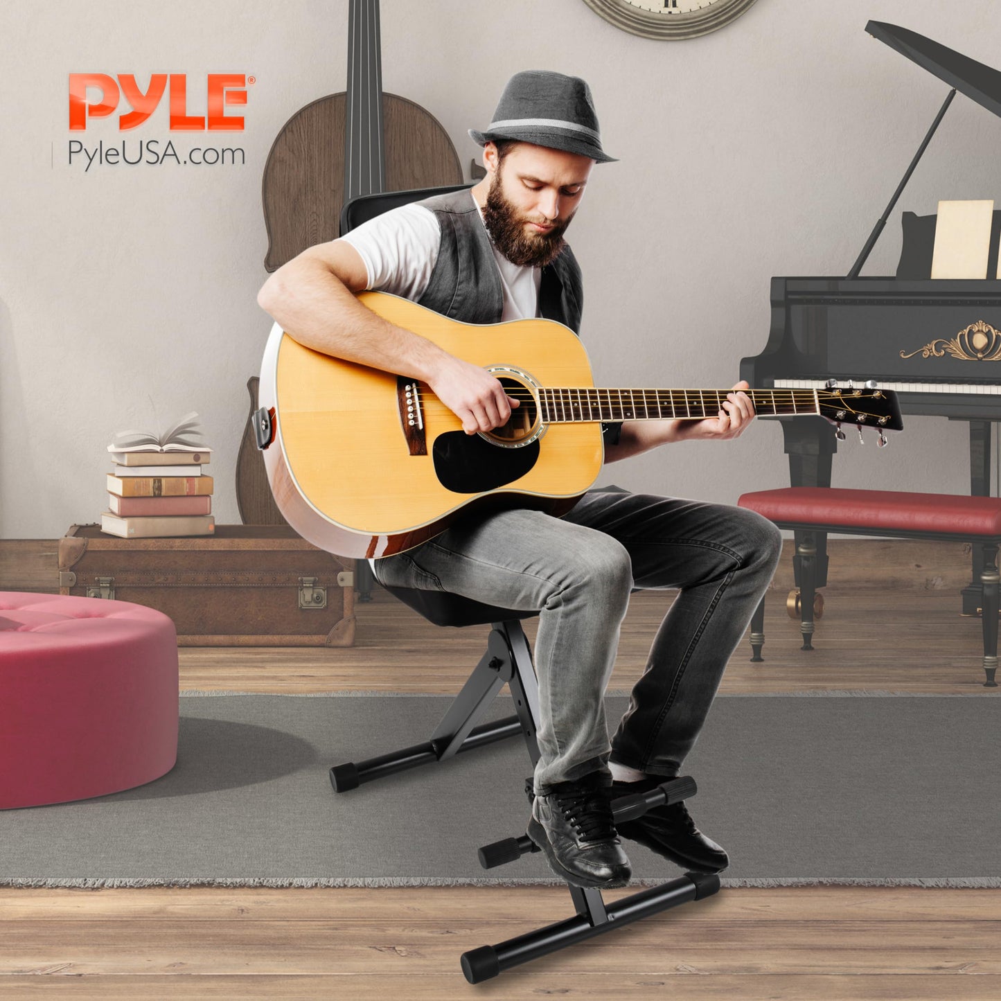 PYLE Drum Throne - Guitar Stool, Foldable & Portable Chair w/ Backrest & Footrest, Adjustable Music Stool for Adults, Padded Cushioned Seat & Back