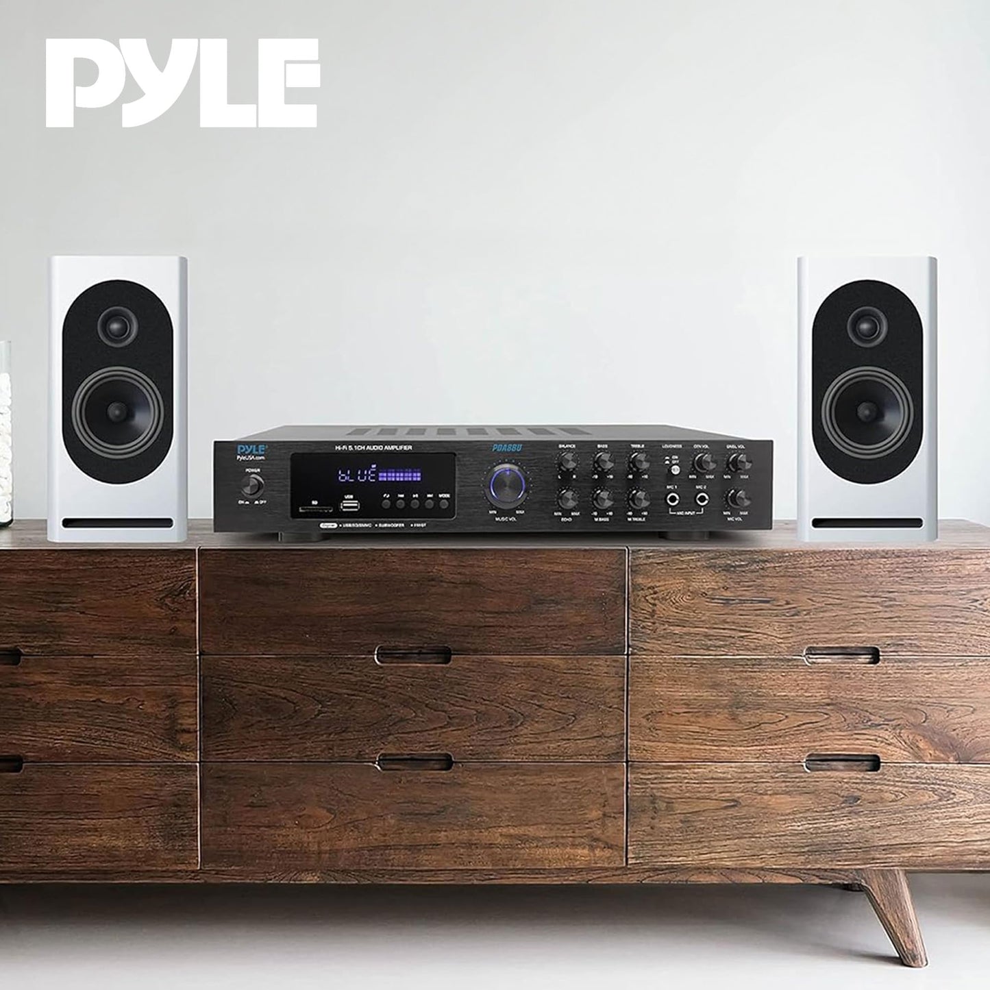 Pyle 5-Channel Wireless Bluetooth 5.0 Audio Amplifier - Stereo Amp for Home Speakers with MP3/USB/SD - AUX - FM Radio - 2 Mic Inputs w/ Echo - Subwoofer Output - VFD Display - Remote Control - PDA8BU