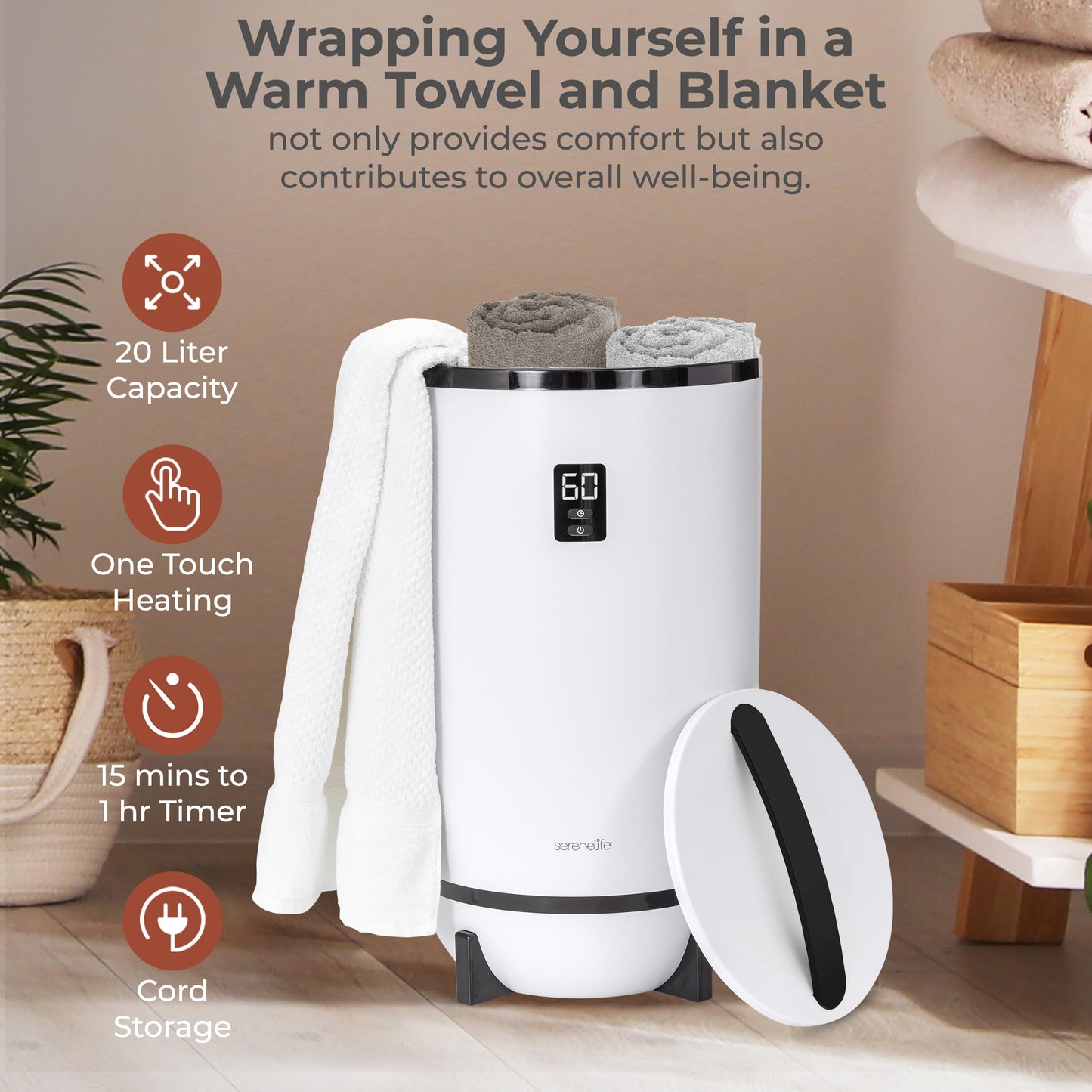SereneLife Towel Warmers Bucket, with Customized Fragrance for Spa and Bathroom, Luxury Towel Heater Gifts for Him & Her, Auto Shut off, Fits 2 large Towels, Blankets, Bathrobes, PJ's (Black)