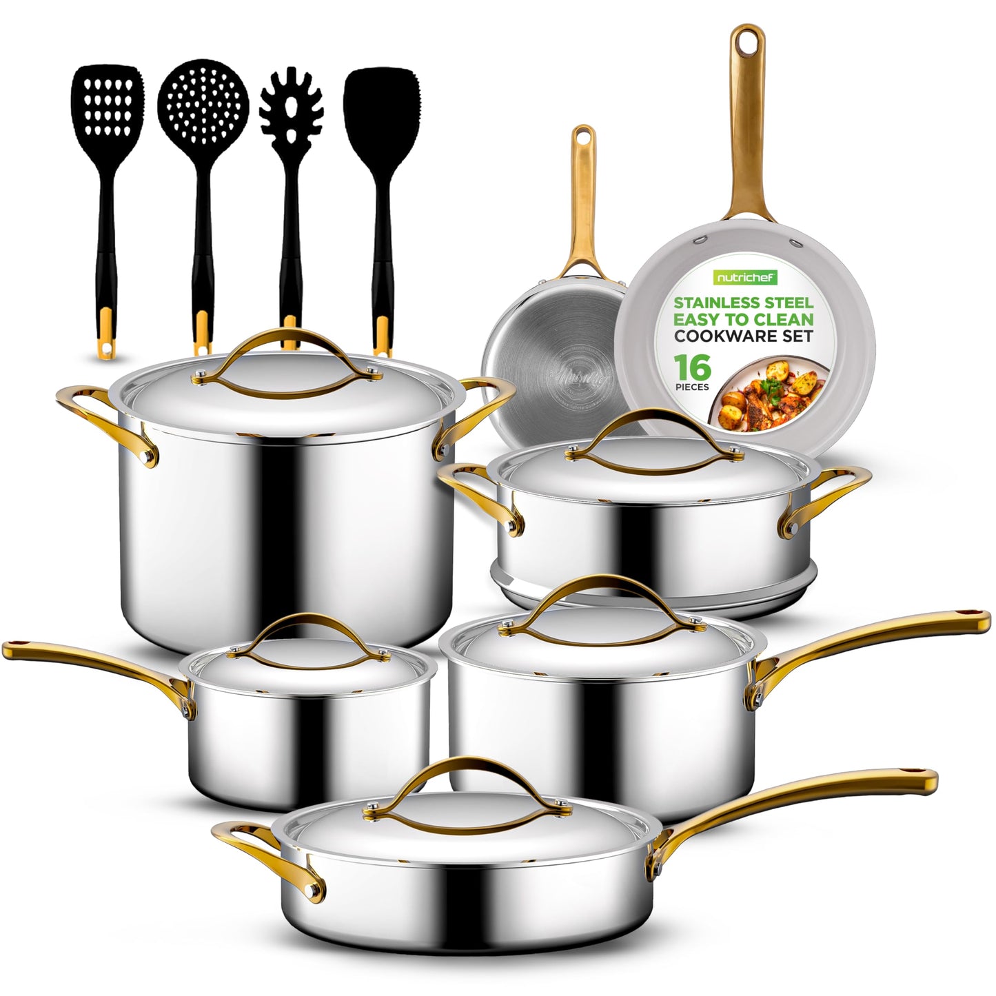 NutriChef 16-Piece Stainless Steel Kitchenware - Pots & Pans Set Clad Kitchen Cookware with Nylon Utensils, Fry Pan Interior Coated with Prestige Ceramic Non-Stick Coating, Stylish Kitchen Cookware