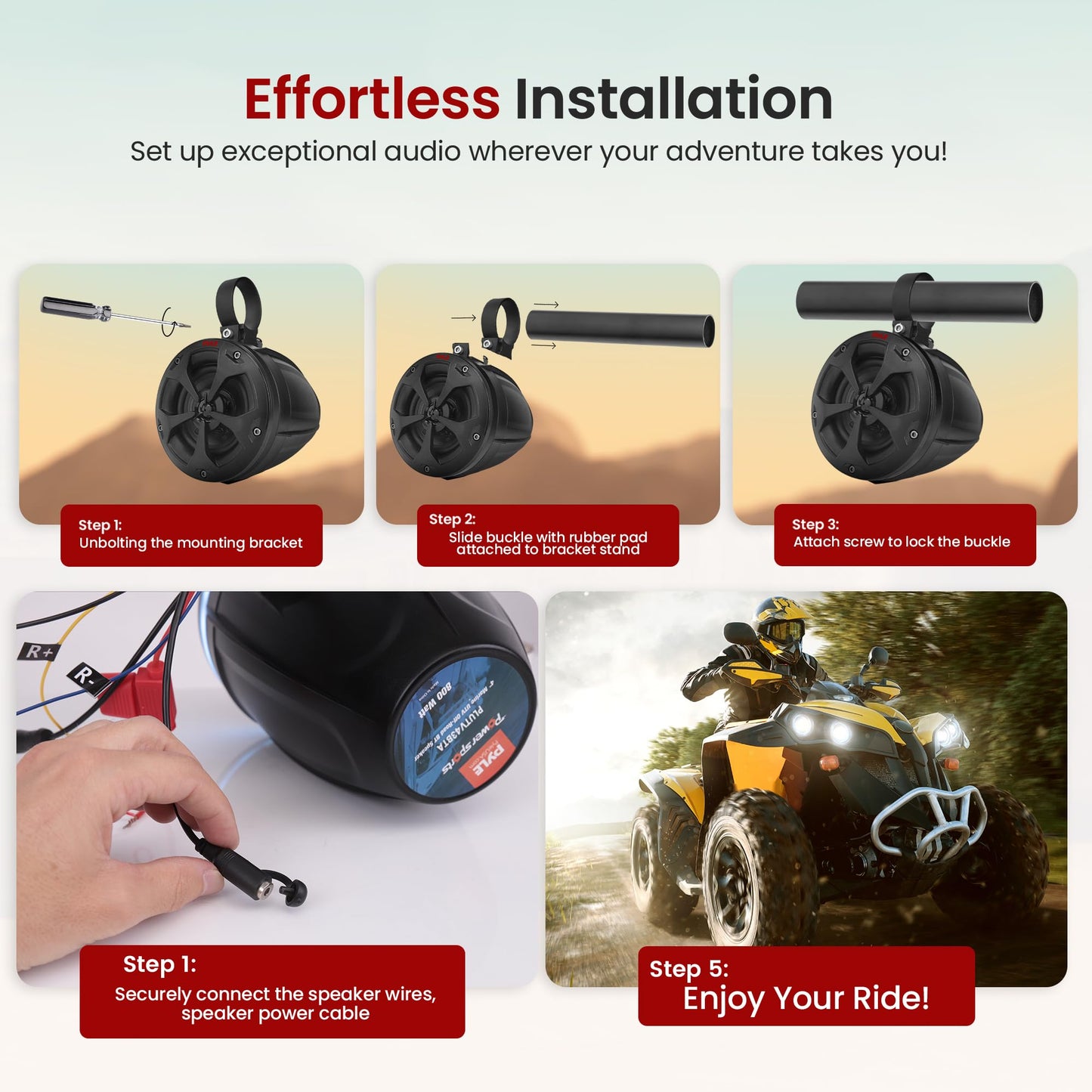 Pyle 4" Off-Road Bluetooth Waterproof Speakers -800W Peak Power Amplified Speaker System for ATV / UTV, Golf Cart, Boat, Aux Input Jack, For use w/all 12V Vehicles - PLUTV43BTA, Black