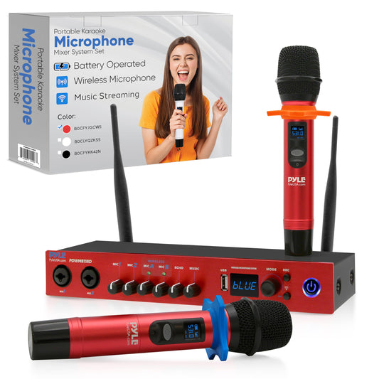 Pyle UHF Wireless Microphone System, Bluetooth, Handheld Mics, Receiver Base, Selectable Frequency, Karaoke, Professional Use, Battery Operated, 165 ft Range, Echo Control, Includes Cables