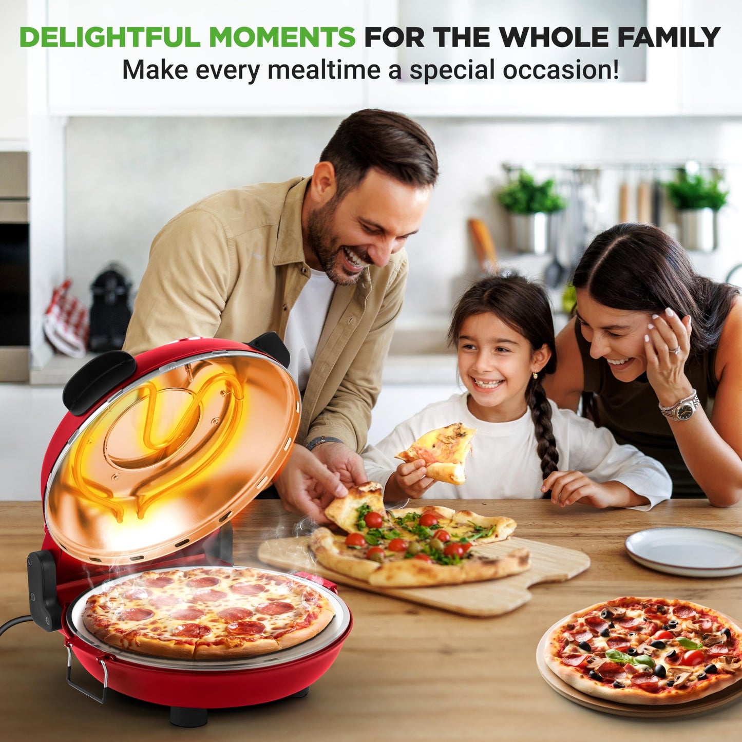 NutriChef Electric Pizza Oven | 12 Inch Countertop Pizza Maker with Temperature Control & Thermometer | Viewing Window for Precise Cooking | Heats up to 800F | Easy to Clean Non-Stick Stone | Red
