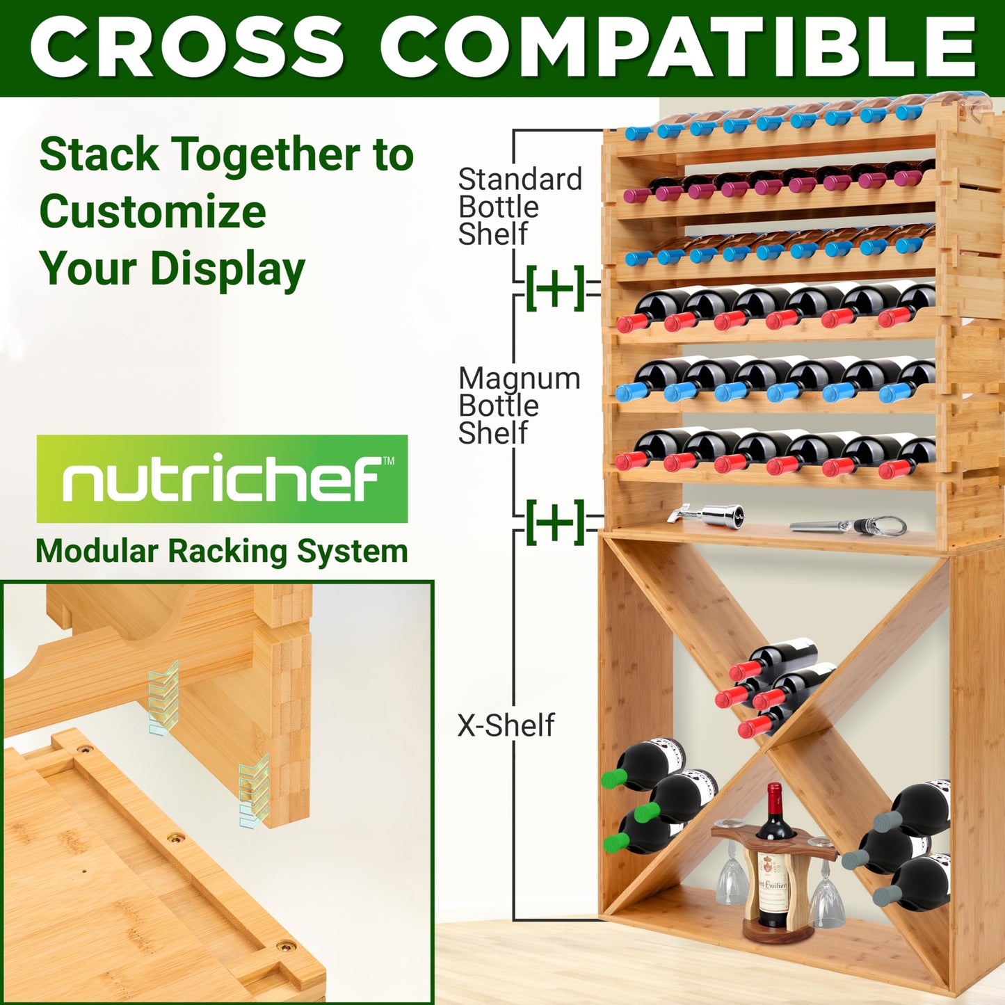 NutriChef Bamboo Modular Wine Rack for Magnum Size Wine Bottles (4” Diameter) - 24 Bottle 4-Tier 2 Cross Compatible Stackable Wine Rack Systems