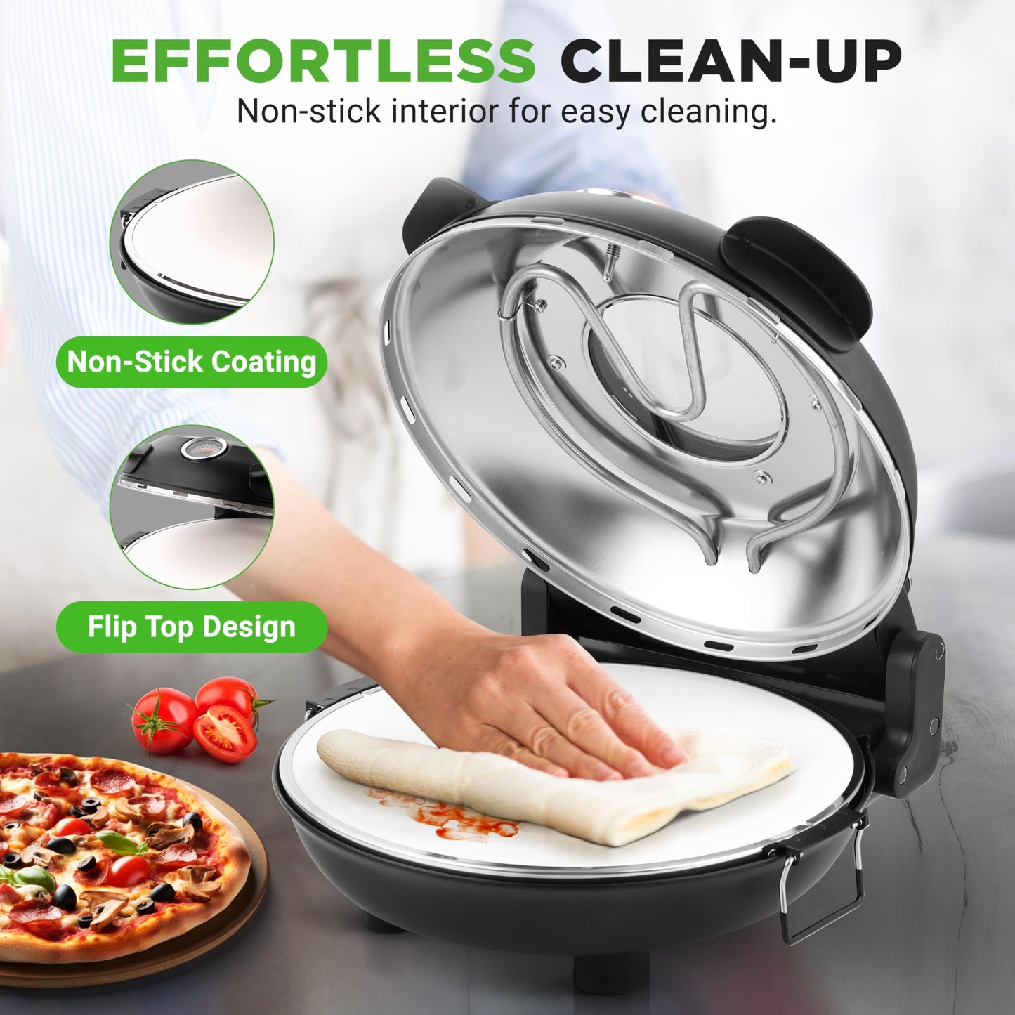 NutriChef Electric Pizza Oven | 12 Inch Countertop Pizza Maker with Temperature Control & Thermometer | Viewing Window for Precise Cooking | Heats up to 800F | Easy to Clean Non-Stick Stone | Black
