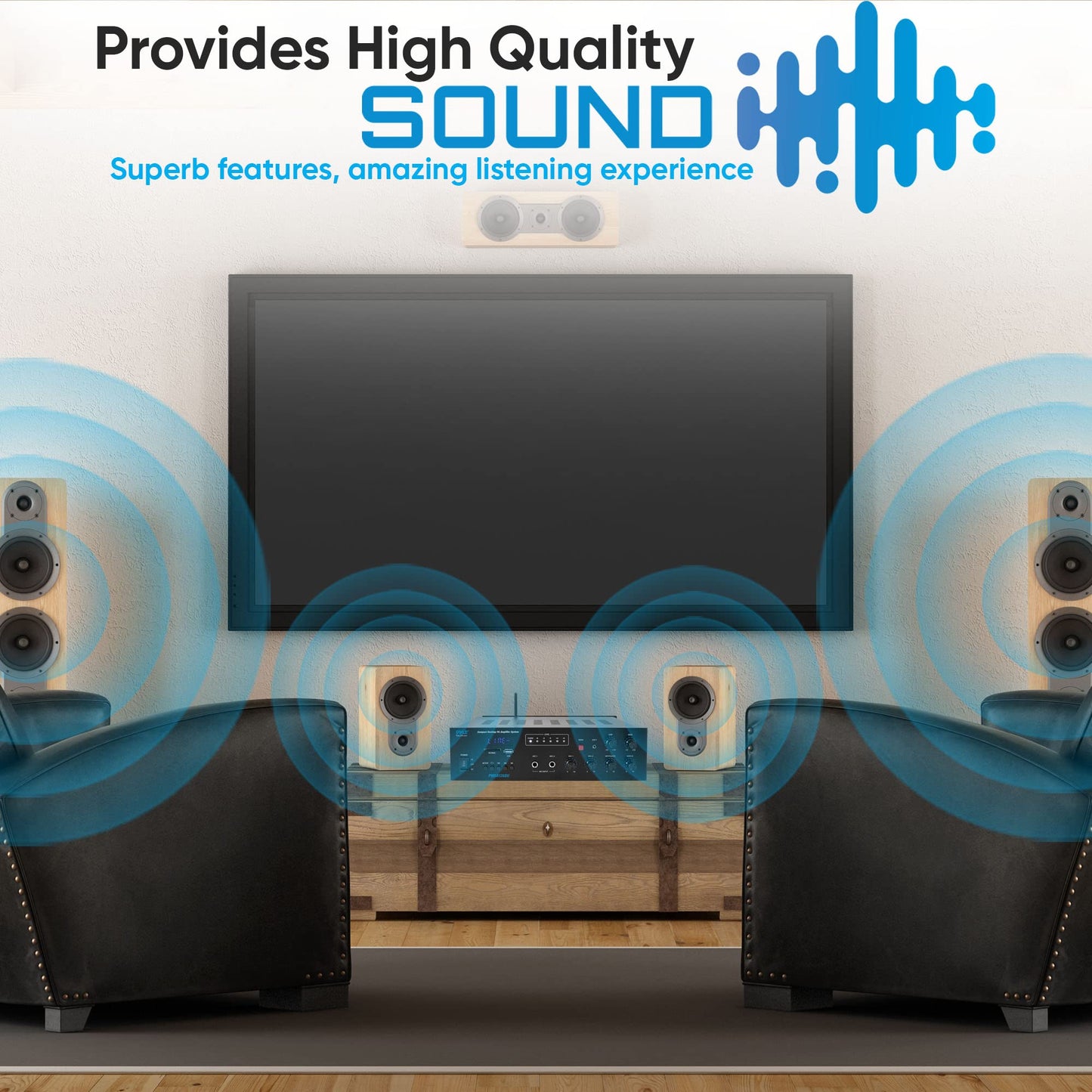 Pyle Wireless Bluetooth Public Address Amplifier - 500W Compact Mini Digital Home Power Audio Sound PA Receiver System w/ 70V 100V Output, Mic Input, Radio, USB, Remote For 4-16ohm Speaker- PMSA126BU