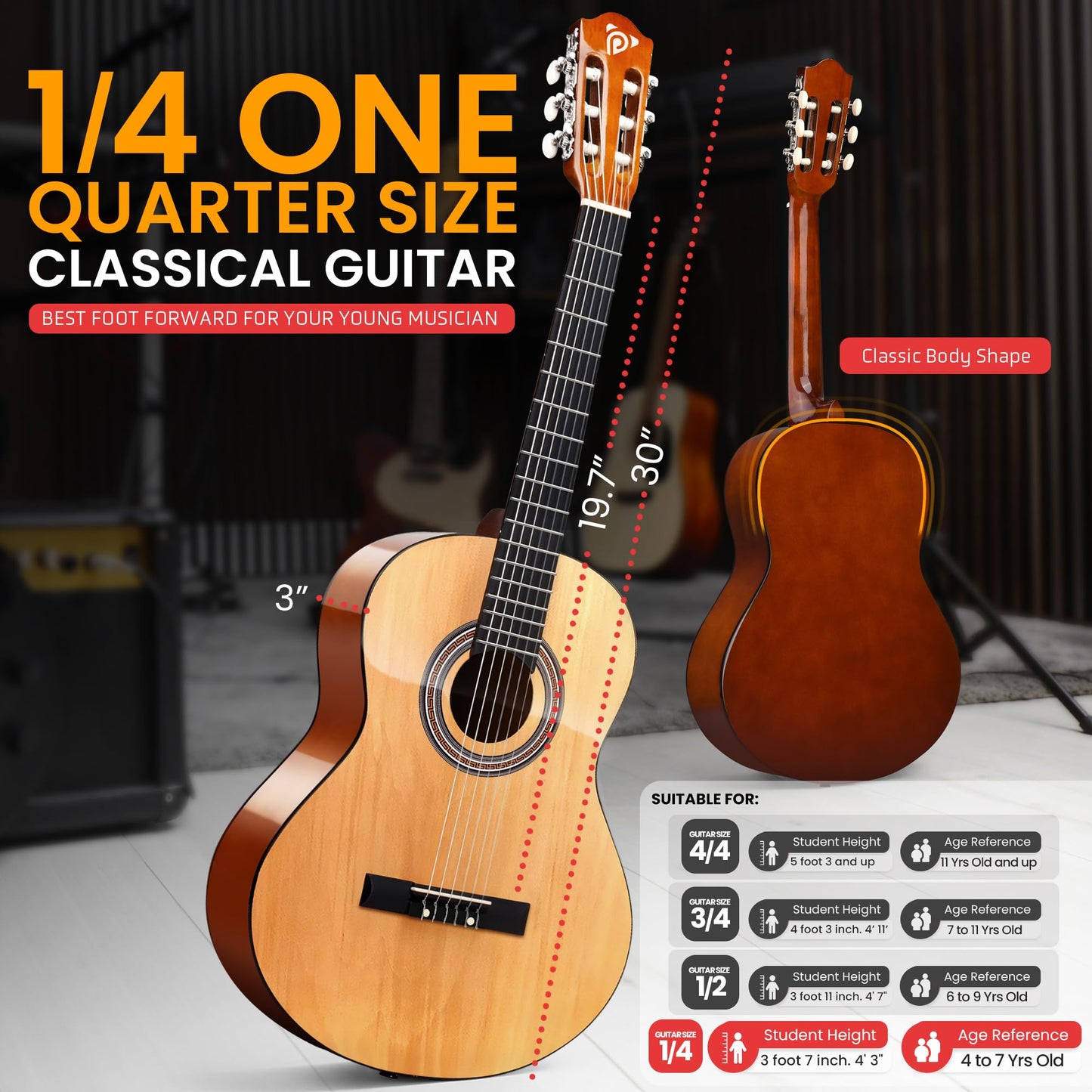 Pyle Beginner 6 String Acoustic Guitar Kit, 1/4 Junior Size Classical Instrument for Students, 30" Natural Gloss