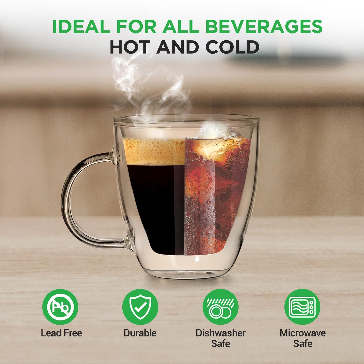 NutriChef 5.2 Oz Espresso Cups (Set Of 4), Double Walled Glass Coffee Mugs For Hot And Cold Drinks, Insulated Glass Coffee Mugs With Handle
