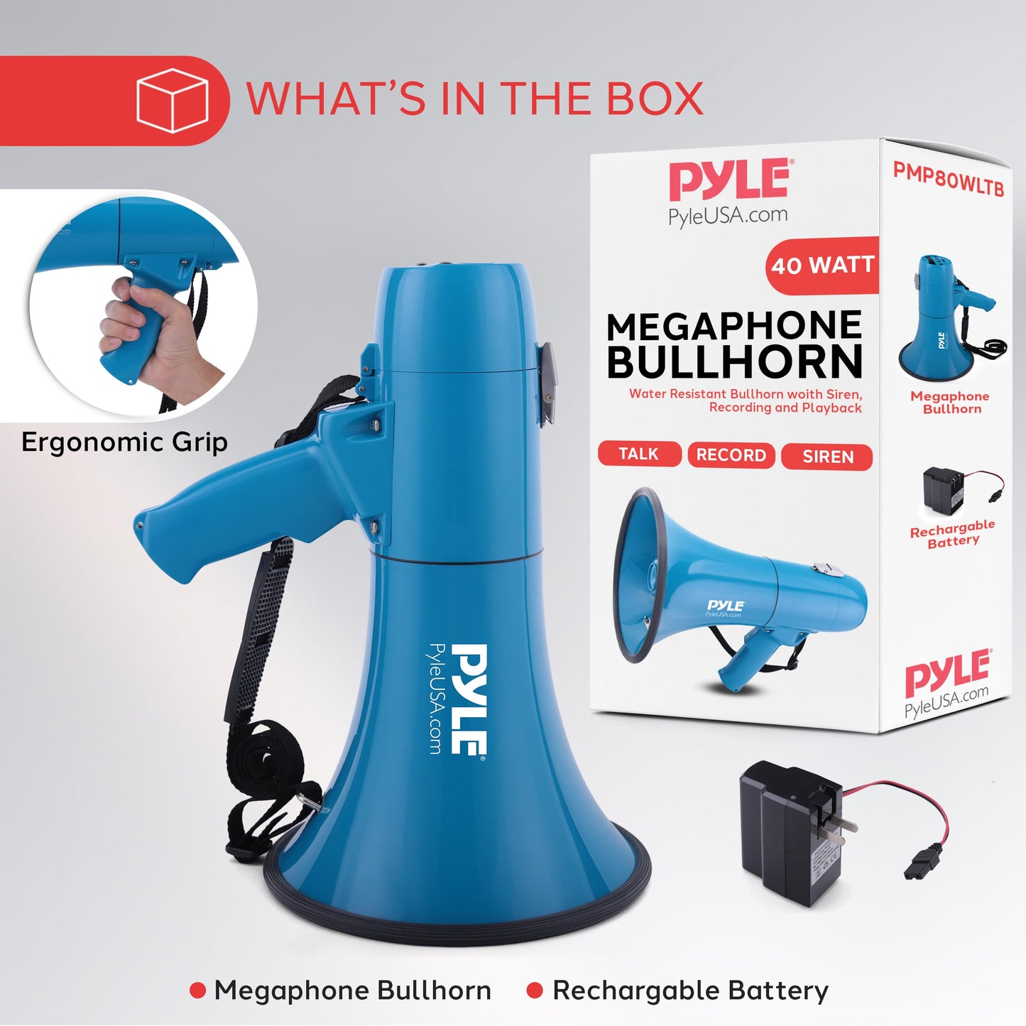 Pyle 40W Megaphone Siren Bullhorn Speaker, Rechargable, Portable and Lightweight Automatic Bullhorn for Indoor & Outdoor Use, 800 Square Yards Projection Range, Used as Siren/Music (Blue)