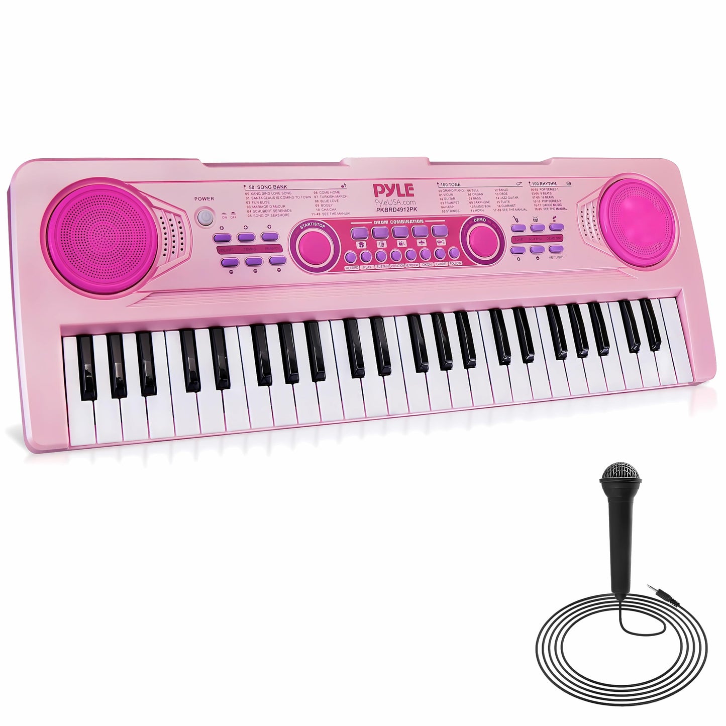 Pyle, 49, Electric Keyboard Piano, Music Keyboard-49 Keys, Karaoke Fun, Rechargeable Battery, Wired Microphone, 100 Tunes, 50 Demos, Aux Input, Compact Design, (PKBRD4912PK)