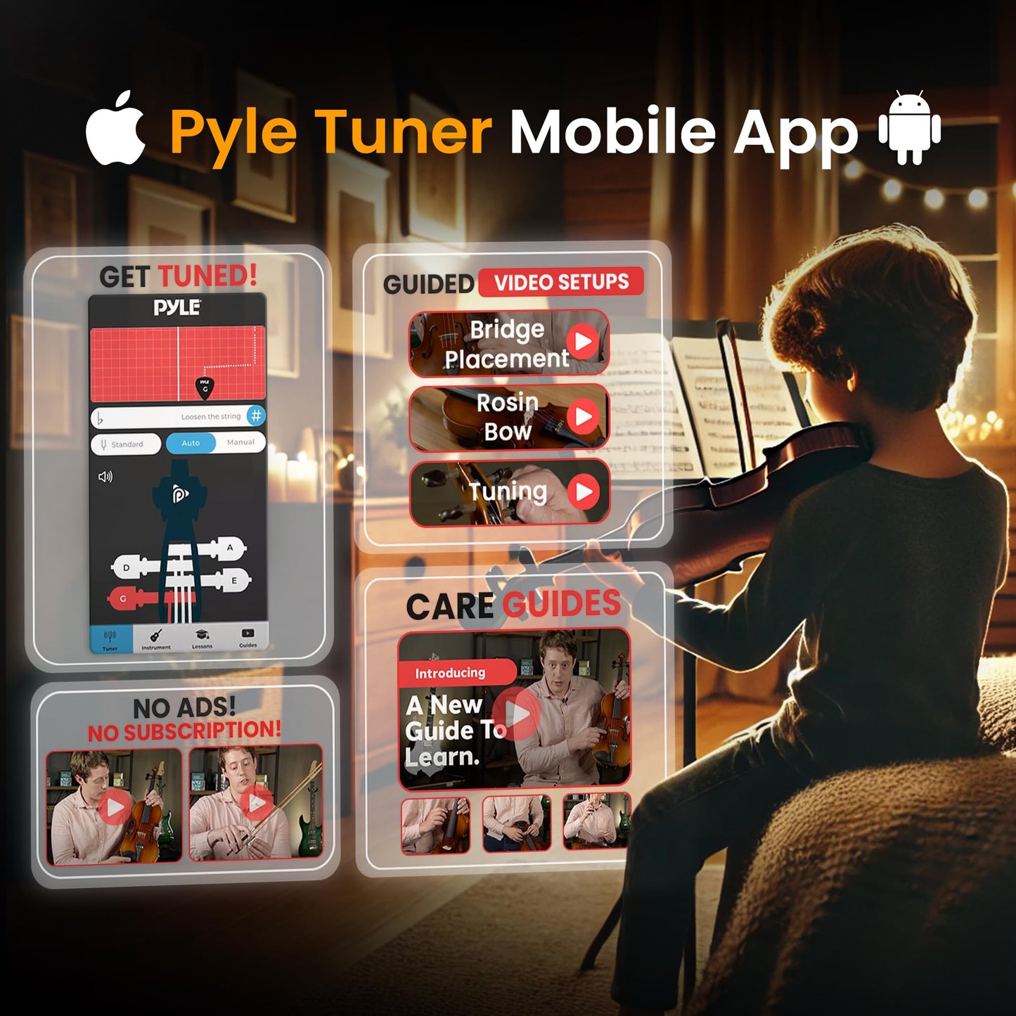 Pyle Full Size Electric Violin Kit - 4/4 Solid Wood Silent Fiddle with Hard Case, Bow, Ebony Fittings, and Digital Tuner
