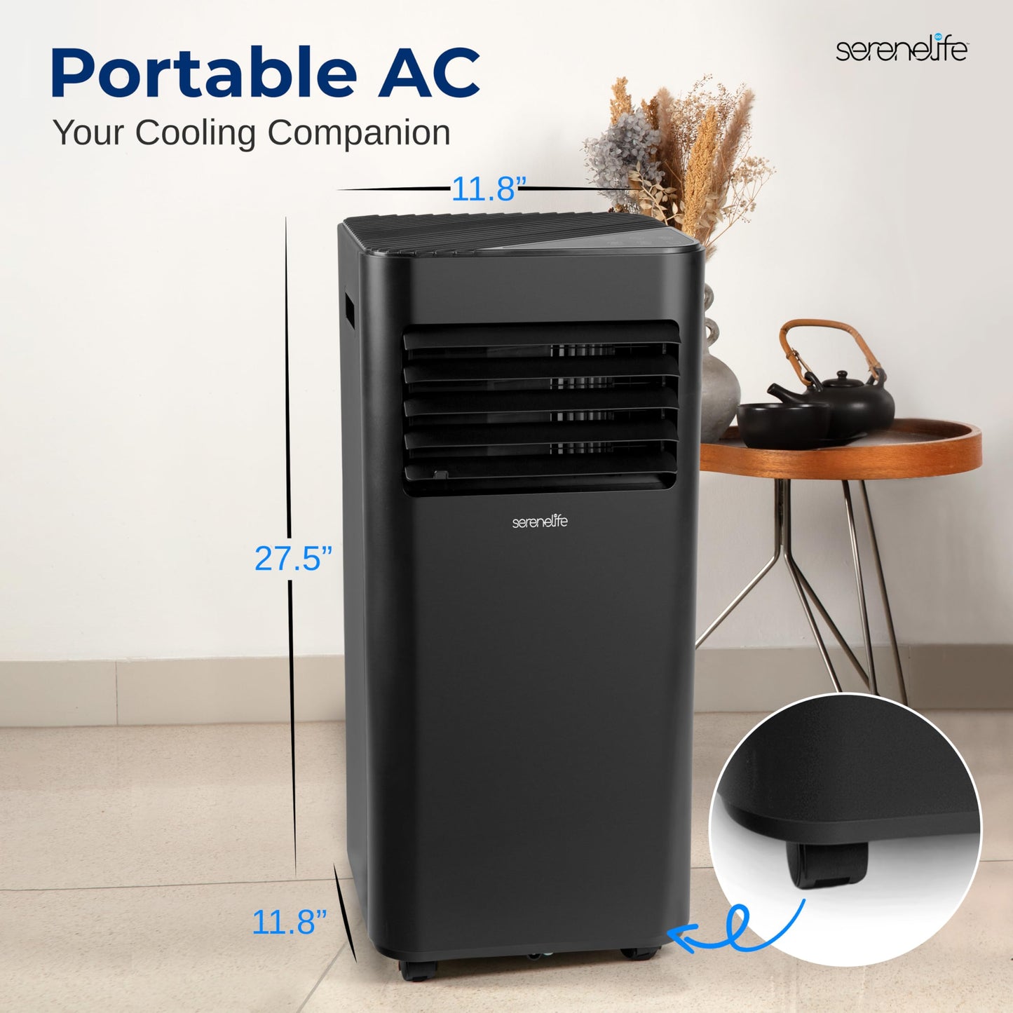 SereneLife 8000 BTU Portable Air Conditioner - 3-in-1 Portable AC Unit for Bedroom Up to 300 Sq.Ft, 24H Timer, Remote Control, Sleep Mode, Wheels, with Window Mount Kit, Black