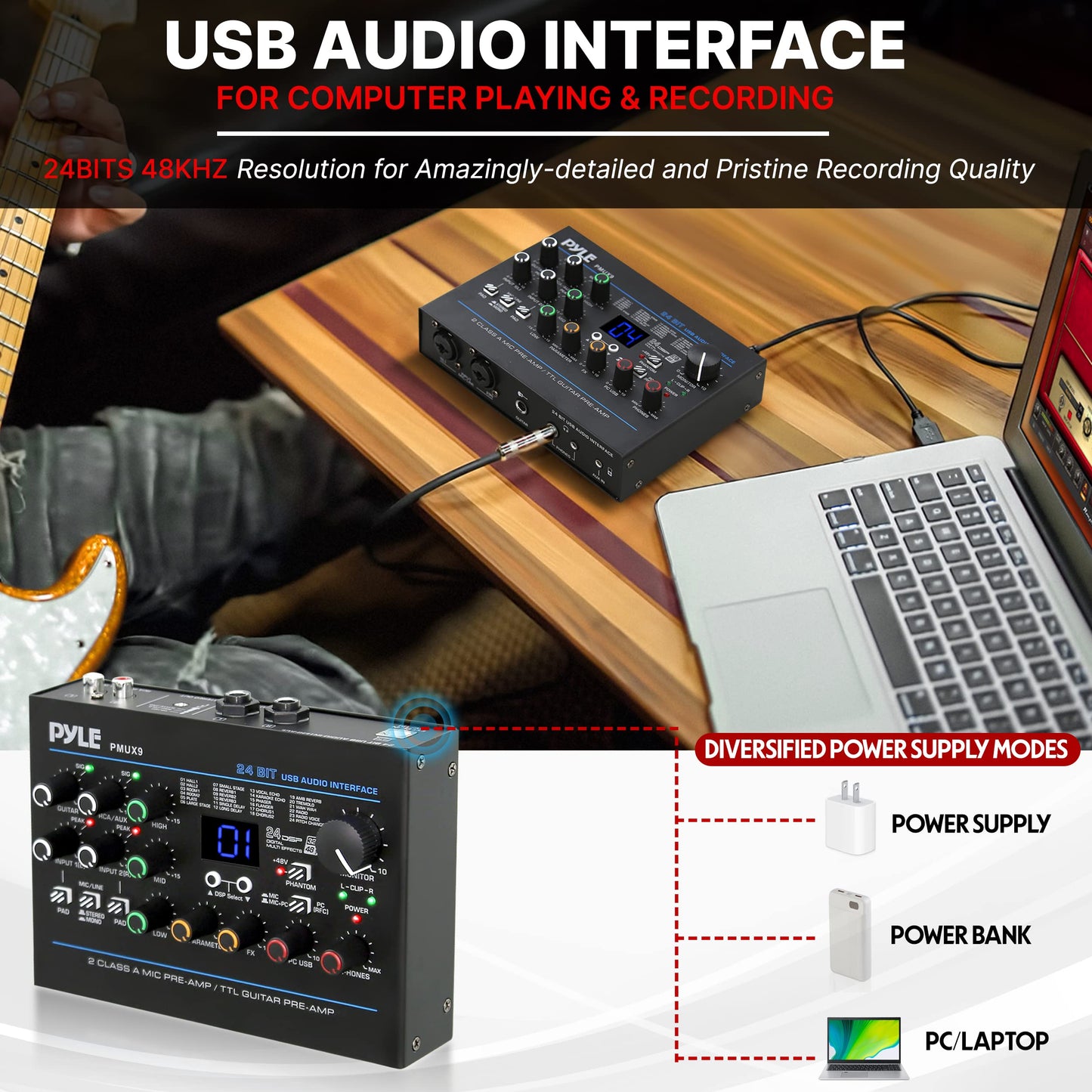 Pyle USB Audio Interface - MIC/LINE - Guitar - AUX Stereo & RCA Inputs - Preset 24 Digital Effects - Phantom Power - Phone/Stereo/Monitor/Headphone Outputs - For Computer Playing & Recording - PMUX9