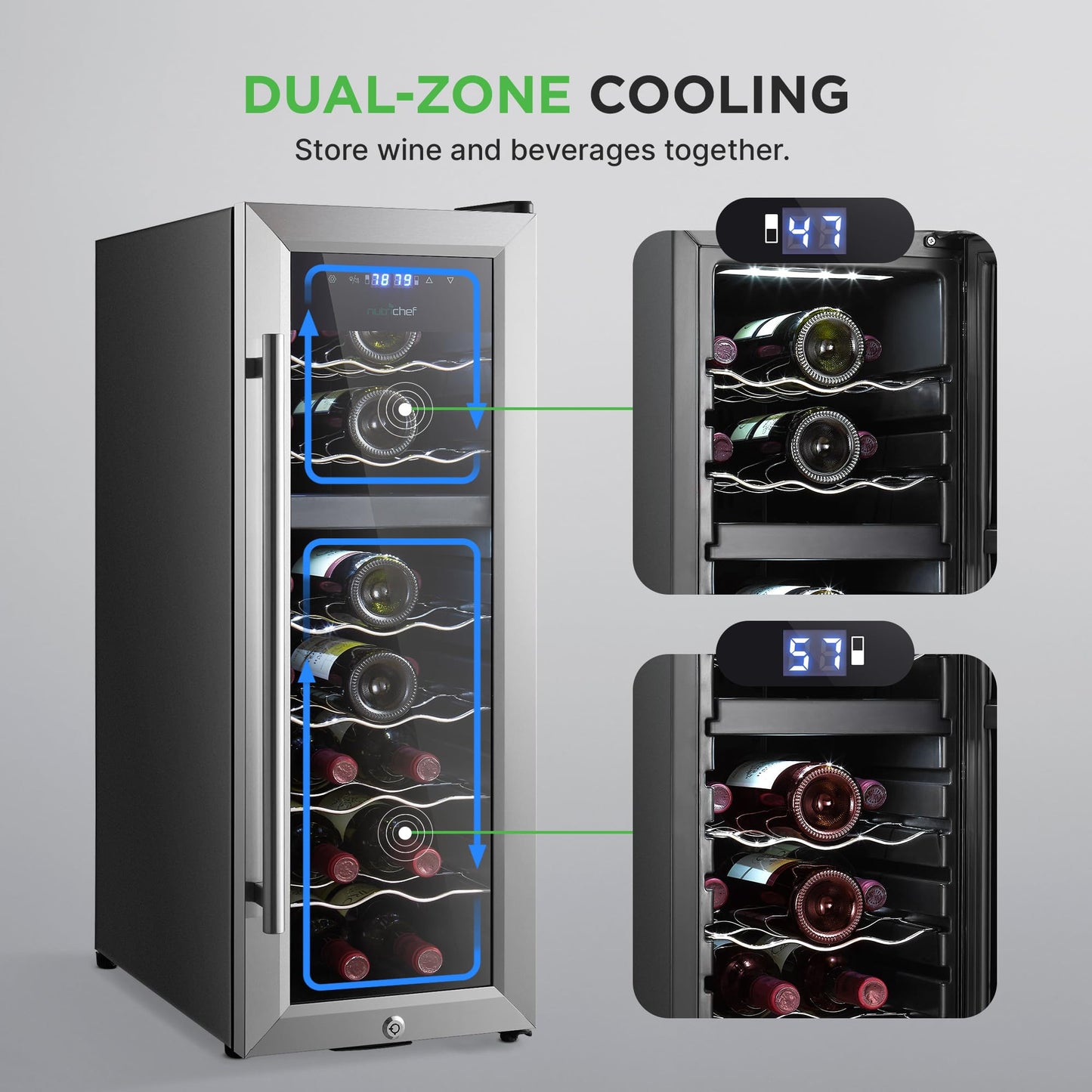 Nutrichef 18 Bottle Wine Fridge | Dual Zone Wine Chiller | Adjustable Temperature 41°F to 64°F | Ultra Quiet Operation | Wine Cooler For Home & Office | Free Standing 32x11x23 IN | Black