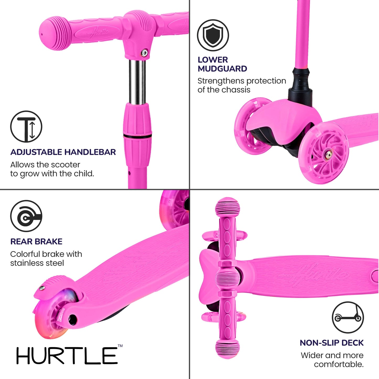 Hurtle Mini Kickboard Scooter for Kids – Height Adjustable 25-28 Inches, 3-Wheel Toddler Micro Scooter with LED Light-up Wheels, Lightweight Riding Toy, Non-Slip, Indoor/Outdoor Fun, Ages 2-5 (Pink)