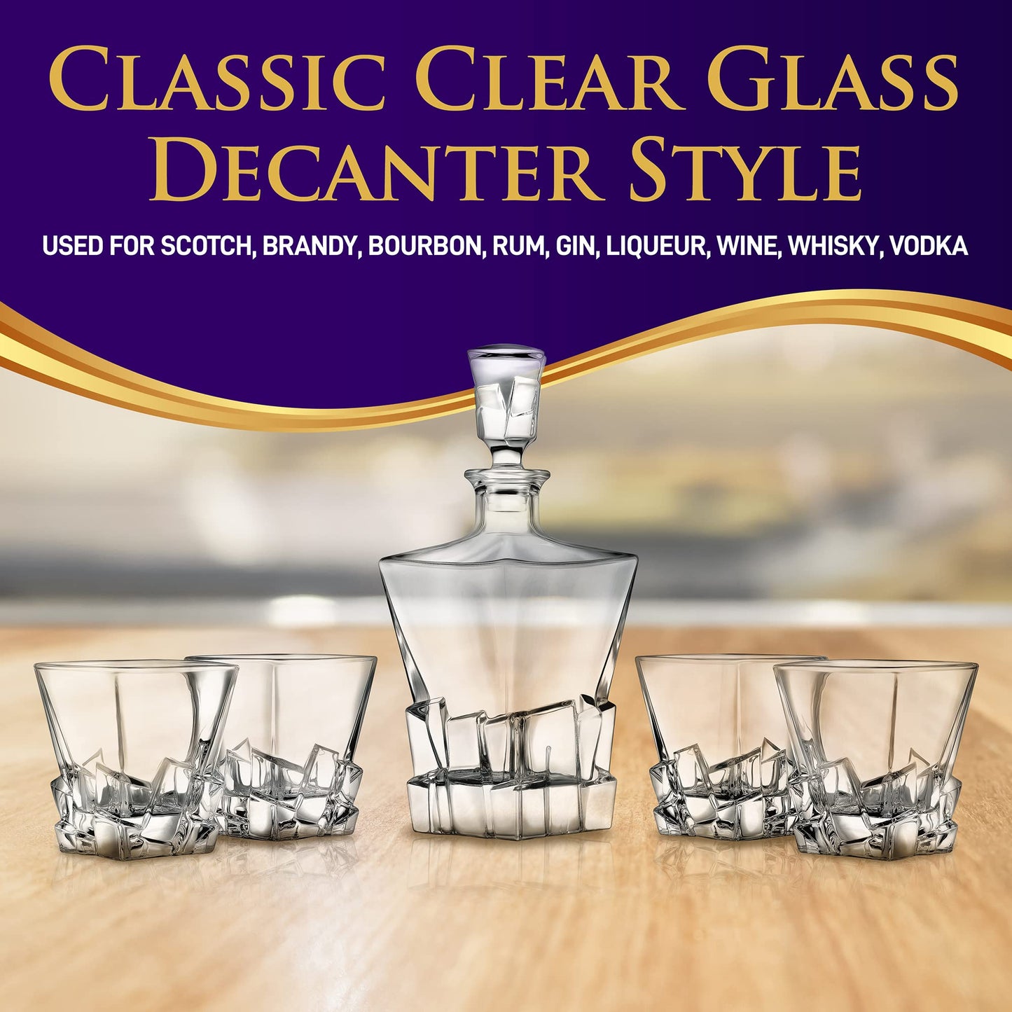 NutriChef Home Bar Whiskey Decanter Set, Glass Decanter with Four 800ml Whiskey Glasses, Elegantly Styled with Real Crystal for Maximum Flavor and Shelf Life, Naturally Aerates, Dishwasher Safe