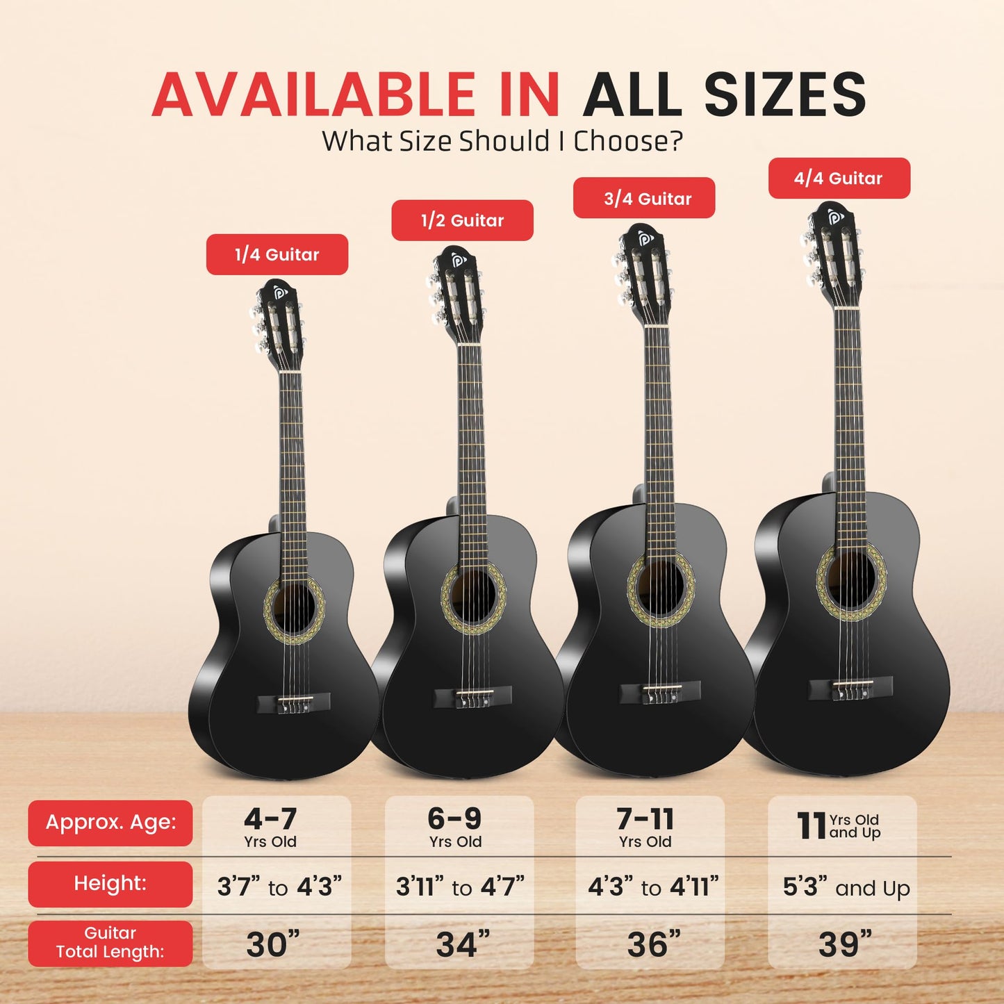 Pyle Beginner Acoustic Guitar Kit, 1/4 Junior Size All Wood Instrument for Adults, Kids, 30" Black Matte