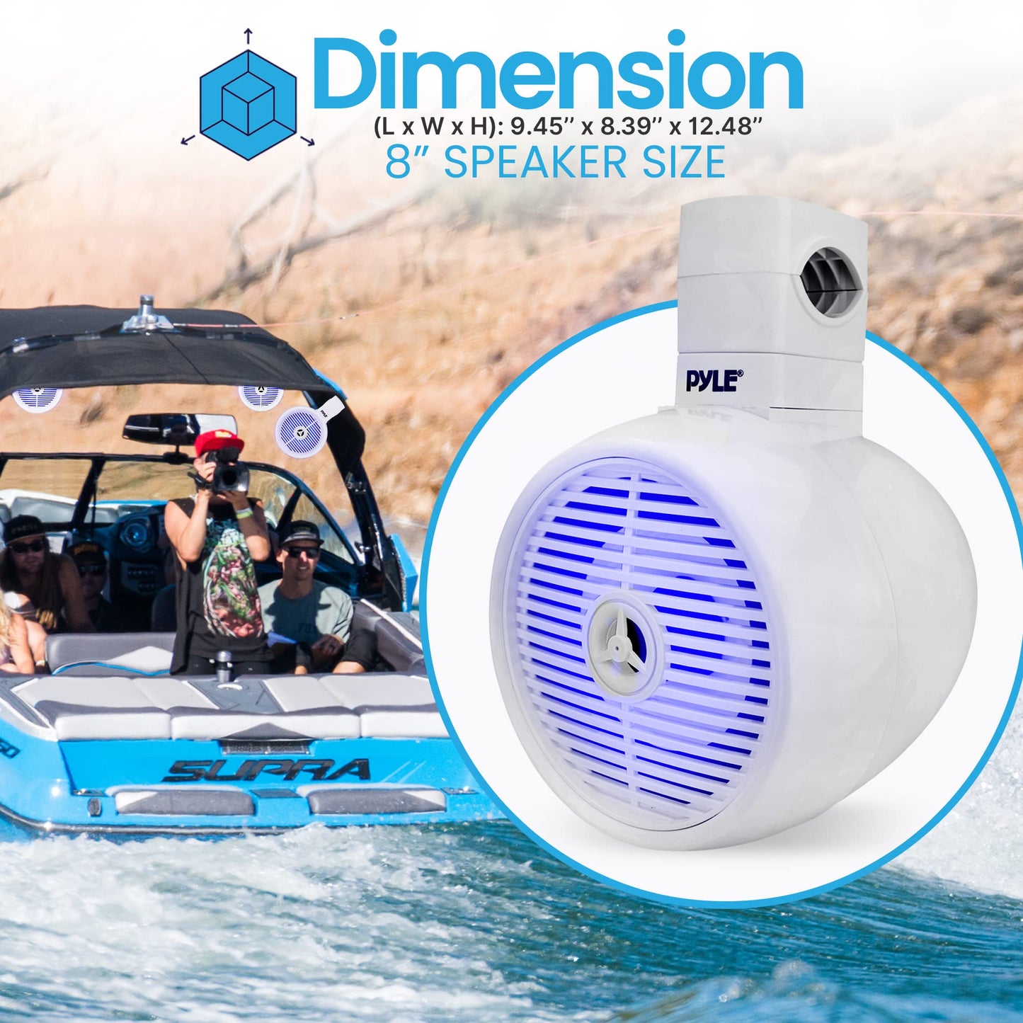 PyleUsa 8” Waterproof Off-Road Speakers - 300W 2-Way Marine Wakeboard Tower Sound System w/LED Light, Full Range Outdoor Stereo Speaker for Car, ATV, UTV, Jeep, Boat, Includes Brackets (White)