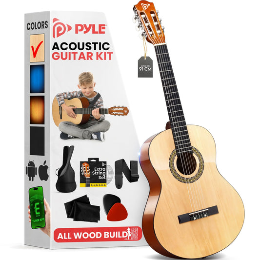 Pyle Beginner Acoustic Guitar Kit, 3/4 Junior Size All Wood Instrument for Kids, Adults, 36" Natural Ash
