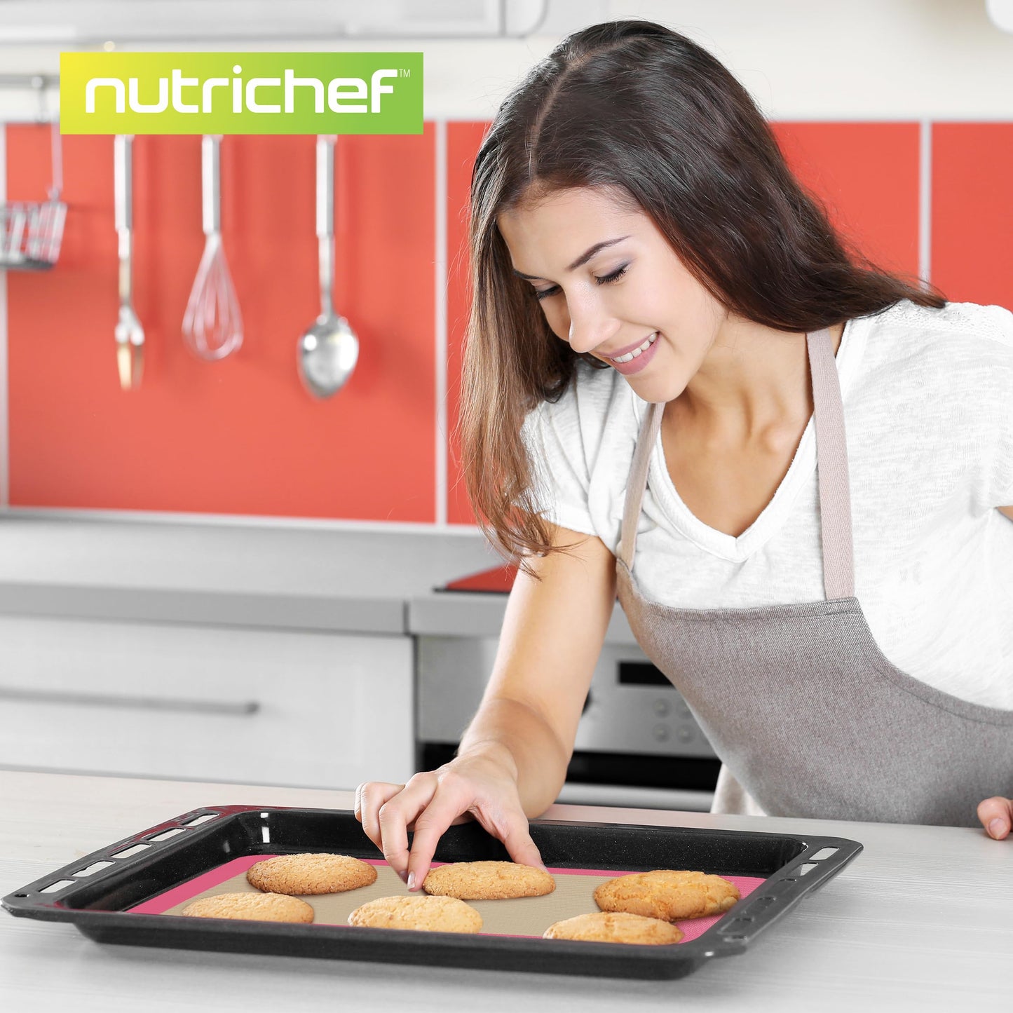 Nutrichef Silicone Baking Mats - 2 Non-stick Food-Grade Reusable Silicone Mats - Perfect for Half Baking Pans 16.5 x 11.6 IN - Oven-Safe Up to 480 Degrees F - Safe for Ovens & Dishwashers - Pink