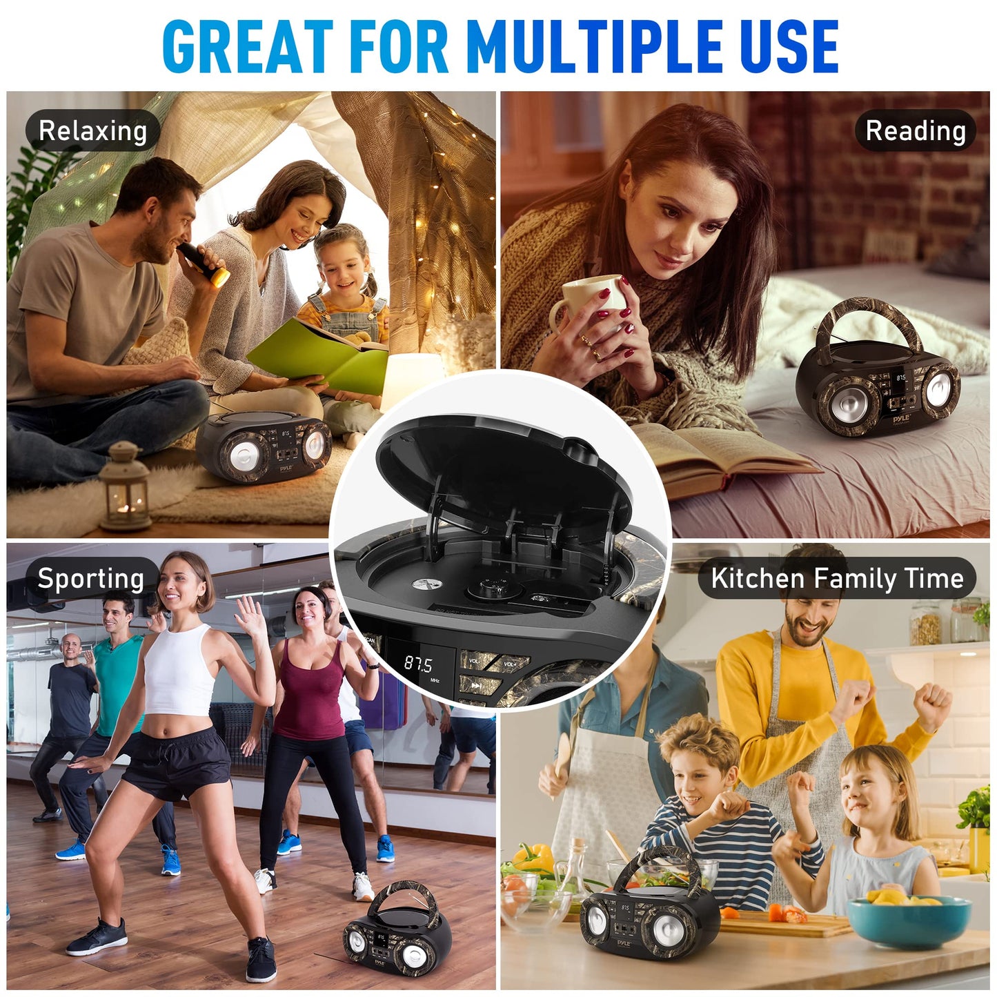 PYLE CD PLAYER PORTABLE, CD PLAYERS FOR HOME, PORTABLE CD PLAYER, 50W MAX POWER, WIRELESS BT STREAMING, AM/FM RADIO, USB PORT, INCLUDES AC/DC POWER CORD, 3.5MM AUX INPUT, HEADPHONE JACK