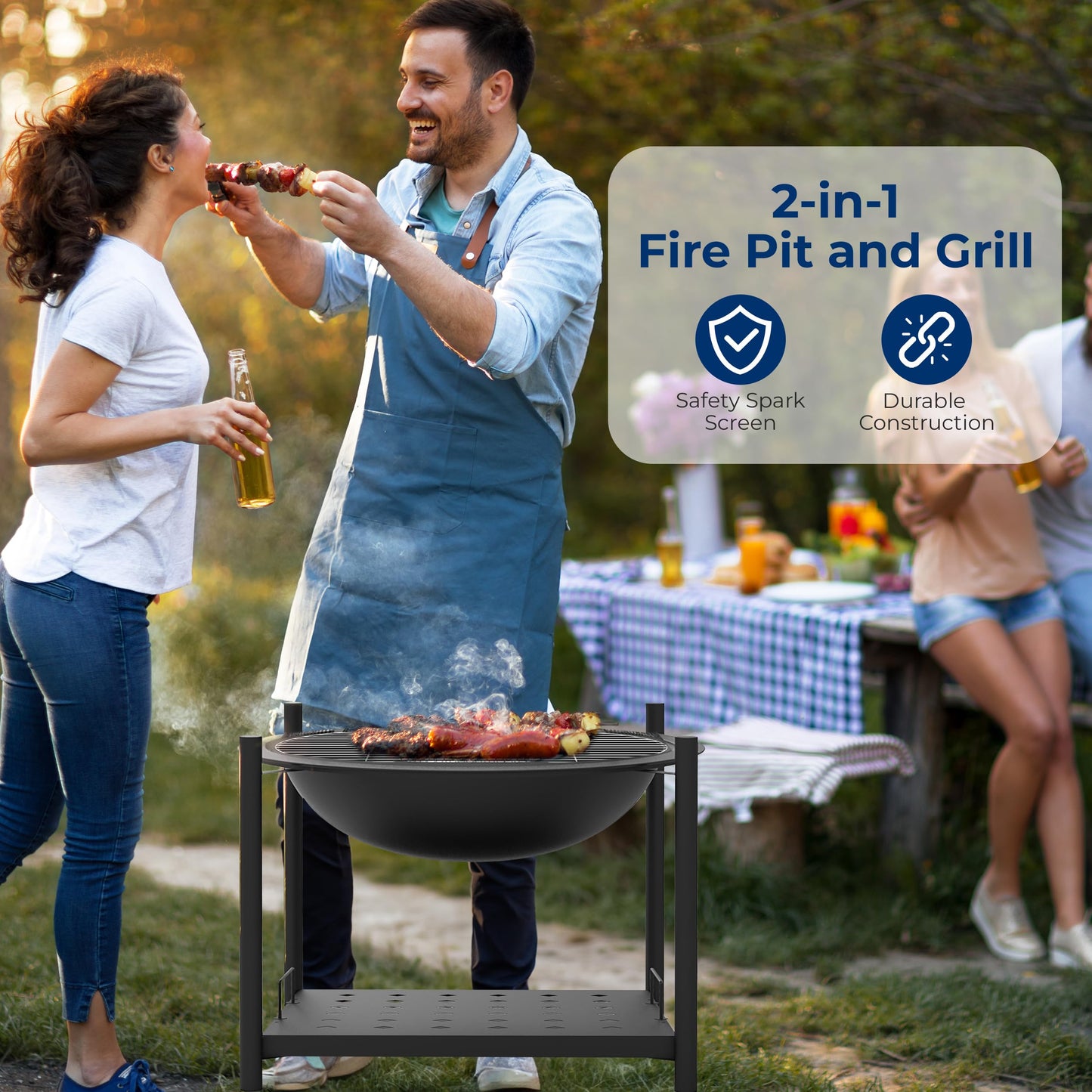 SereneLife 26" Outdoor Wood Fire Pit with BBQ Grill, Mesh Screen, and Wood Storage – Heavy-Duty Steel Frame, Heat-Resistant – Ideal for Bonfires, Camping, and Outdoor Cooking