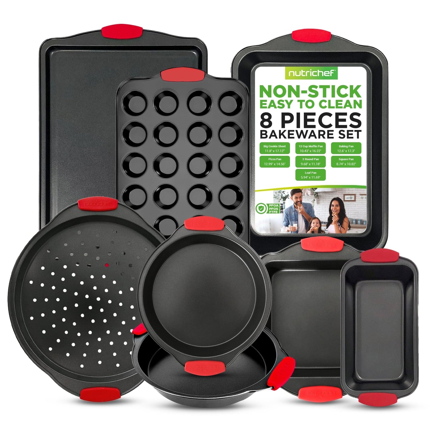 NutriChef Non-Stick Kitchen Oven Baking Pans-Deluxe & Stylish Nonstick Gray Coating Inside Outside, Commercial Grade Restaurant Quality Metal Bakeware with Red Silicone Handles NCSBS8S, 8 Piece Set