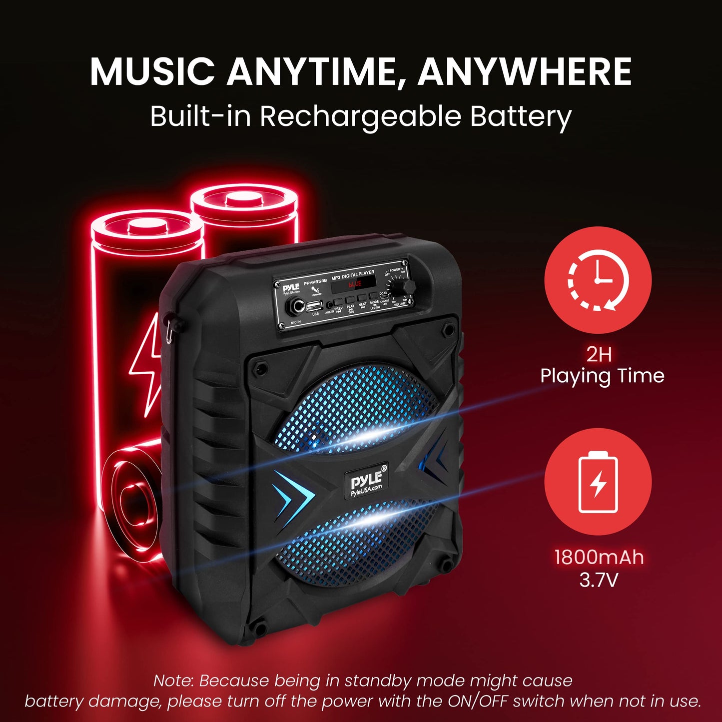 Pyle Portable Bluetooth PA Speaker System - 300W Rechargeable Indoor/Outdoor Bluetooth Speaker Portable PA System w/ 8” Subwoofer, AUX, Microphone in, Party Lights, MP3/USB, Radio, Remote PPHP854B
