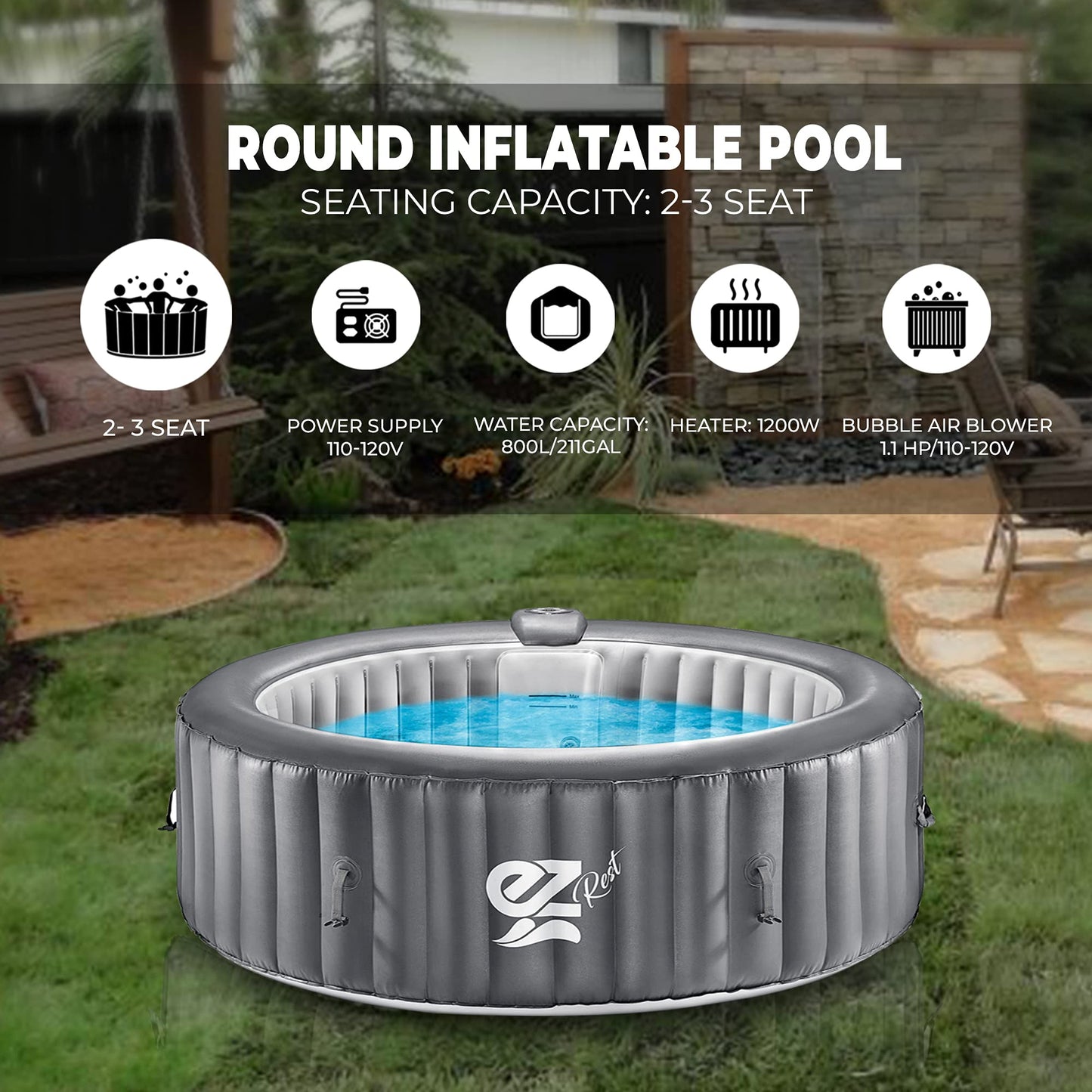 SereneLife Outdoor Portable Hot Tub - 71" x 25'' 4-Person Round Inflatable Heated Pool Spa with 100 Bubble Jets, Filter Pump, Cover, LED Lights, and Remote Control