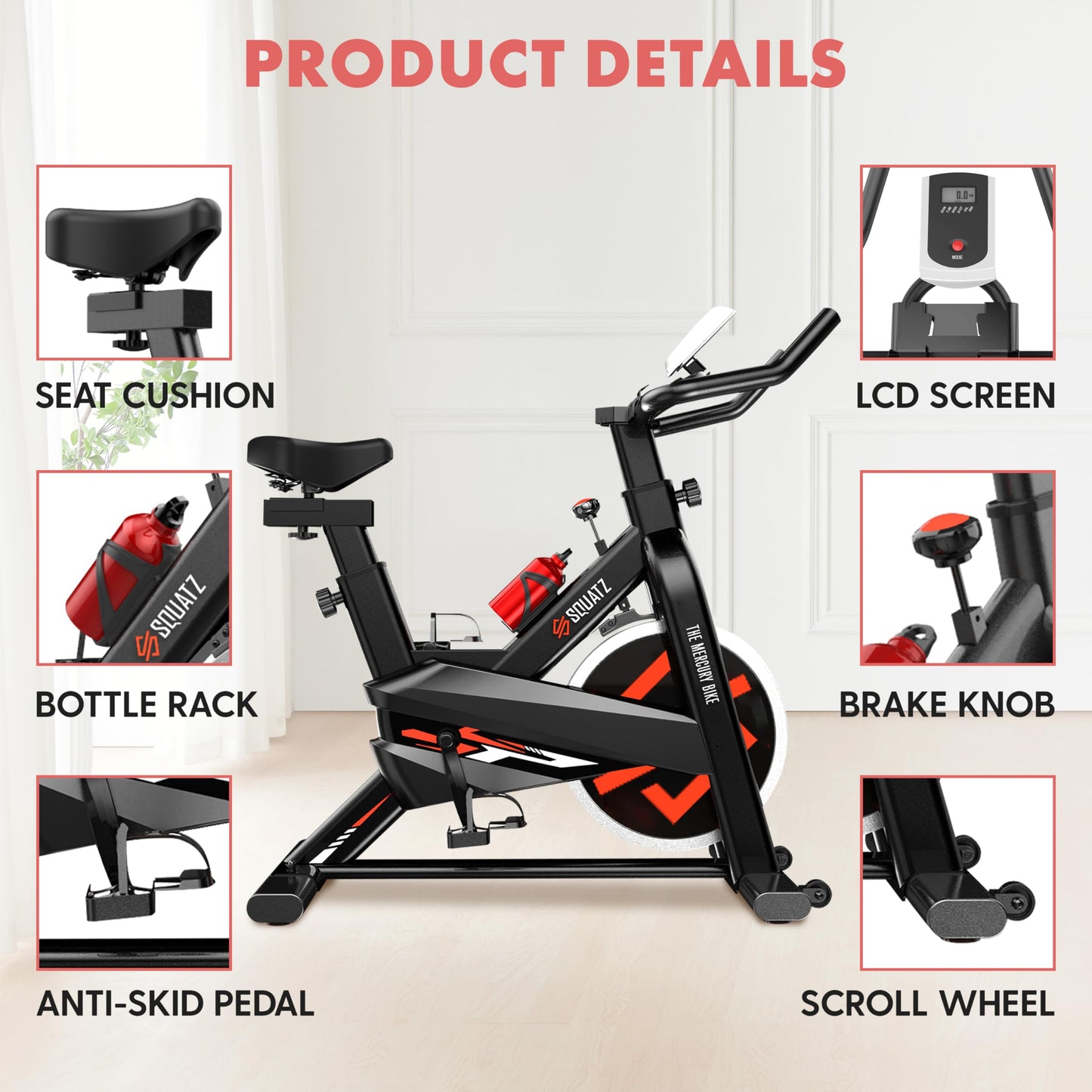 SQUATZ Stationary Cycling Bike Exerciser - Indoor Exercise Bicycle With Training Console, 4-Way Adjustable Seat and Handlebar, 8 Resistance Levels, Workout Equipment for Home Gym