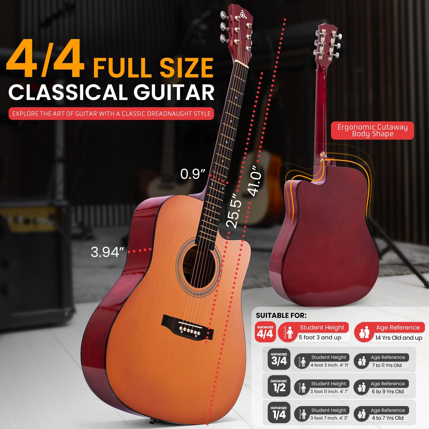 Pyle Steel String Acoustic Guitar Kit, 4/4 Full Size Cutaway All-Wood Guitarra Acustica with Premium Accessory Set and Upgraded Gig Bag, 41" Brown Glossy