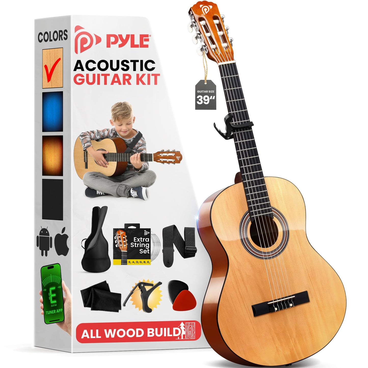 Pyle Classical Guitar Starter Kit - 39" 4/4th Size All Wood Instrument with Capo, Gig Bag, Strings, Strap, Right Picks (Natural Gloss)