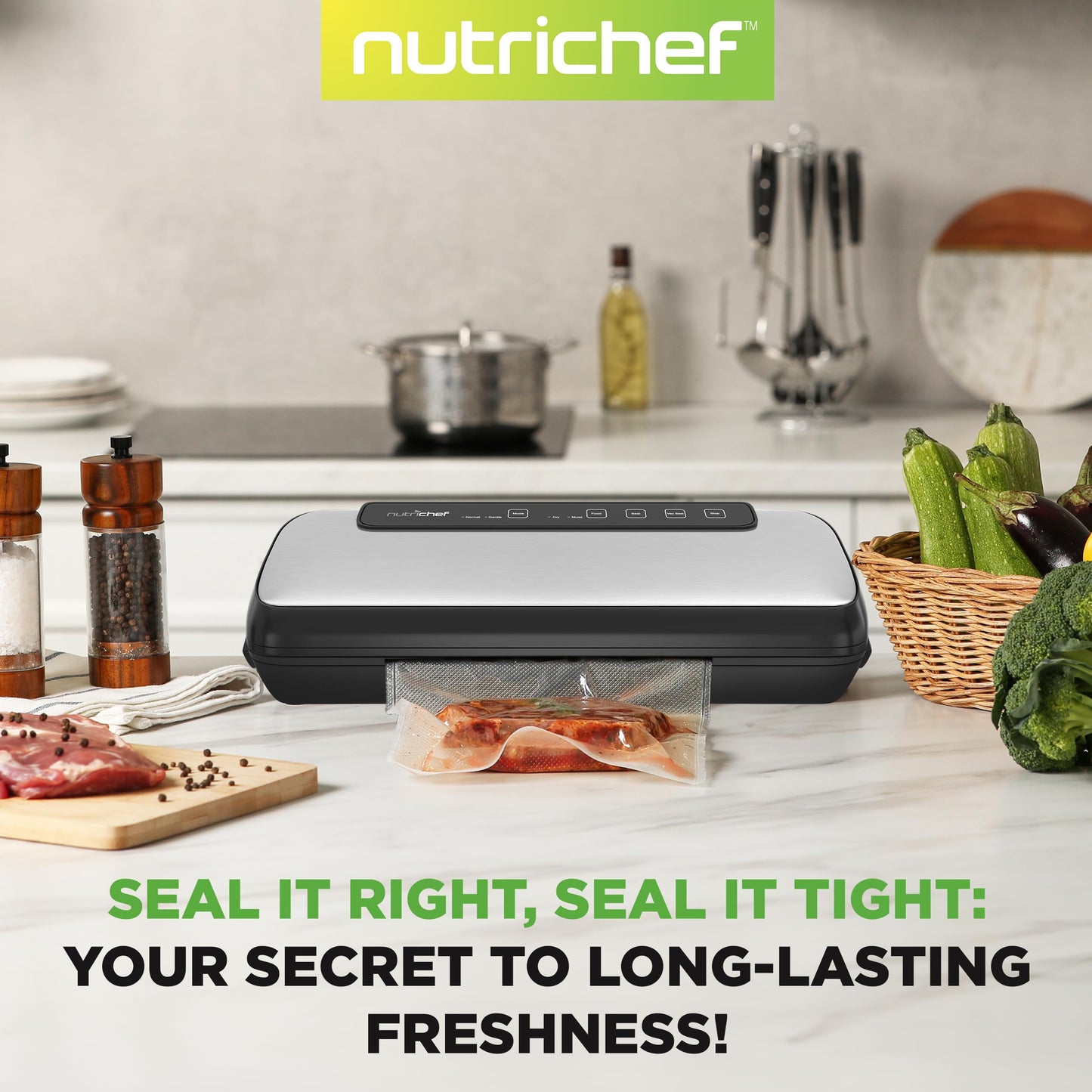 NutriChef Food Vacuum Sealer Machine, Stainless Steel Automatic Air Sealing System for Dry/Moist Foods, LED Touch Controls, Includes Vacuum Hose, Bag Roll and Wine Stopper, 110W Suction Power, 14"x6"