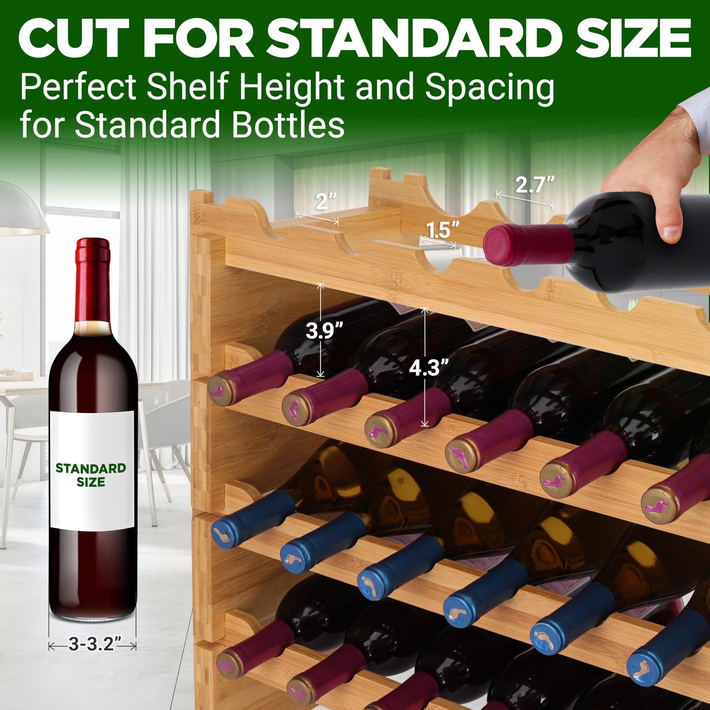 NutriChef Bamboo Stackable Wine Rack, 8-Tier 72 Bottle Capacity Wine Racks Free Standing Floor, No Tools Assembly, Modular Storage Display Shelf for Kitchen and Cellar 33.5" x 10" x 42"