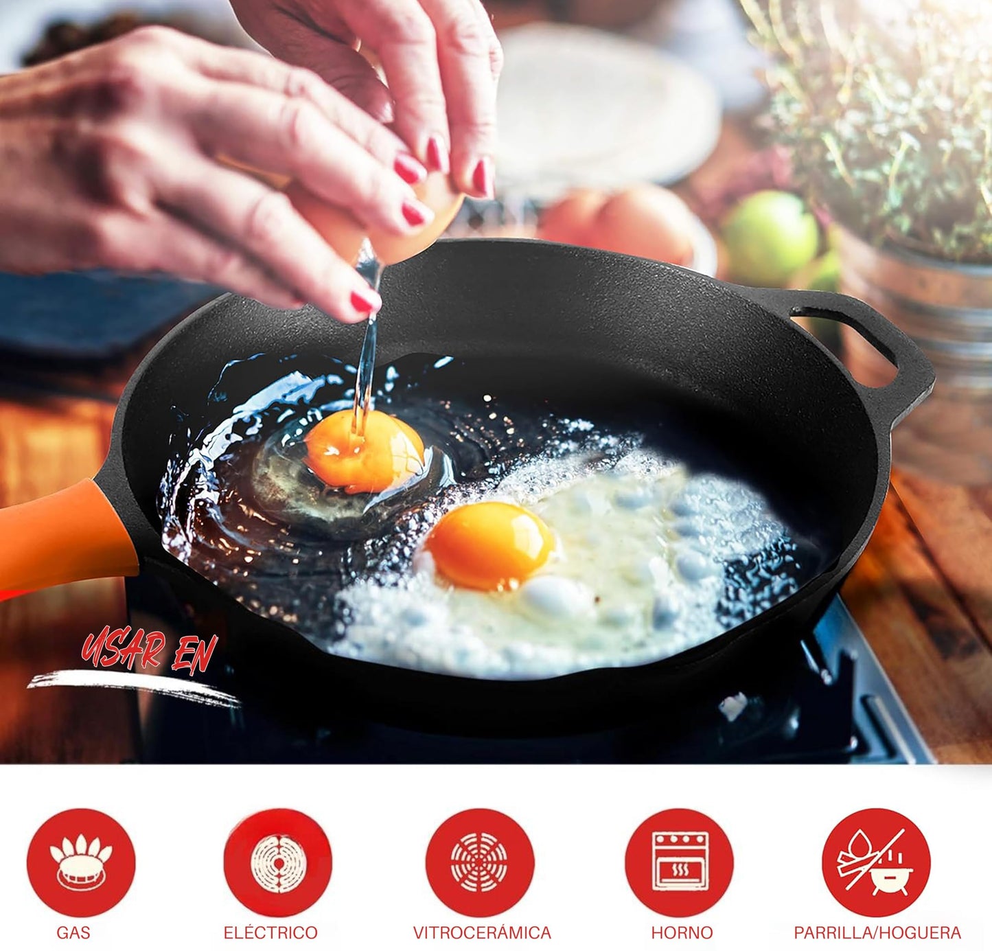 NutriChef 10" & 12" Pre-Seasoned Cast Iron Pans - Durable Nonstick Skillets, Cool-Touch Silicone Handle, For Oven, Grill & All Stovetops