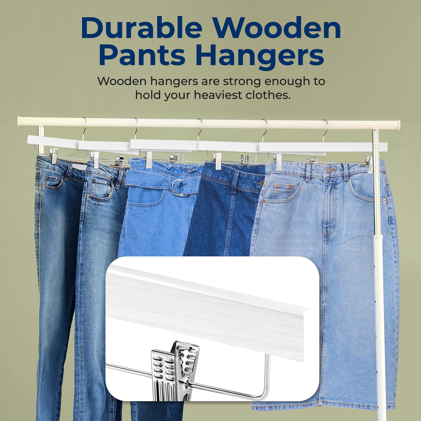 SereneLife 10 Pack Wooden Pants Hangers with Clips – Premium Heavy Duty Clothes Hangers for Jeans, Slacks, Skirts, Shorts, Uniforms – 360° Swivel Hook, Adjustable Clips, 13.97"x0.5"x6.69" (White)
