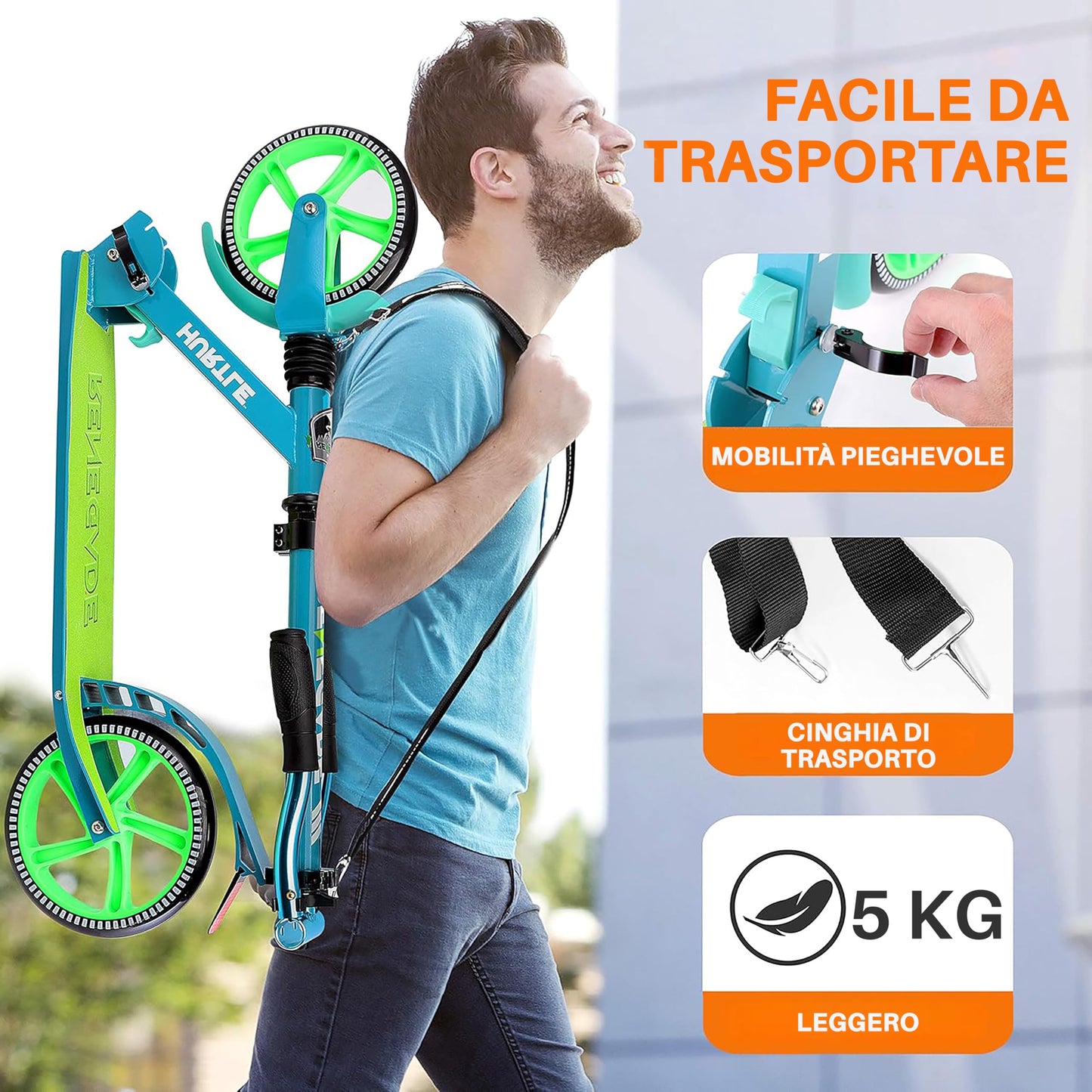 Hurtle Renegade Kick Scooters for Kids Teenagers Adults- 2 Wheel Kids Scooter with Adjustable T-Bar Handlebar - Alloy Anti-Slip Deck - Portable Folding Scooters for Kids with Carrying Strap