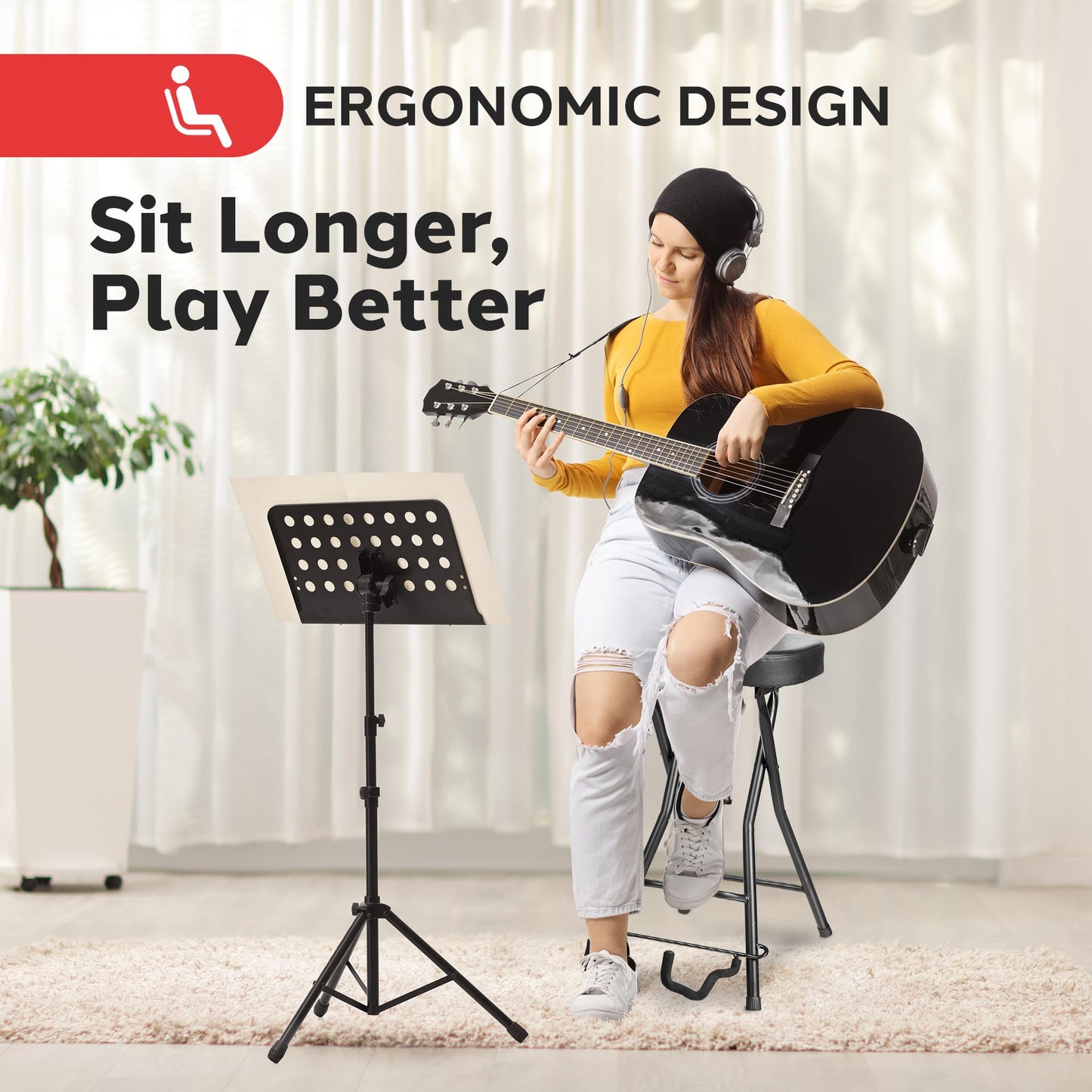 Pyle Adjustable Guitar Seat with Built-In Stand, EVA Foam Padded Cradles, Removable Backrest, Non-Slip Rubber Feet, Collapsible Design – Fits Acoustic, Electric & Bass Guitars – 300 lbs Capacity