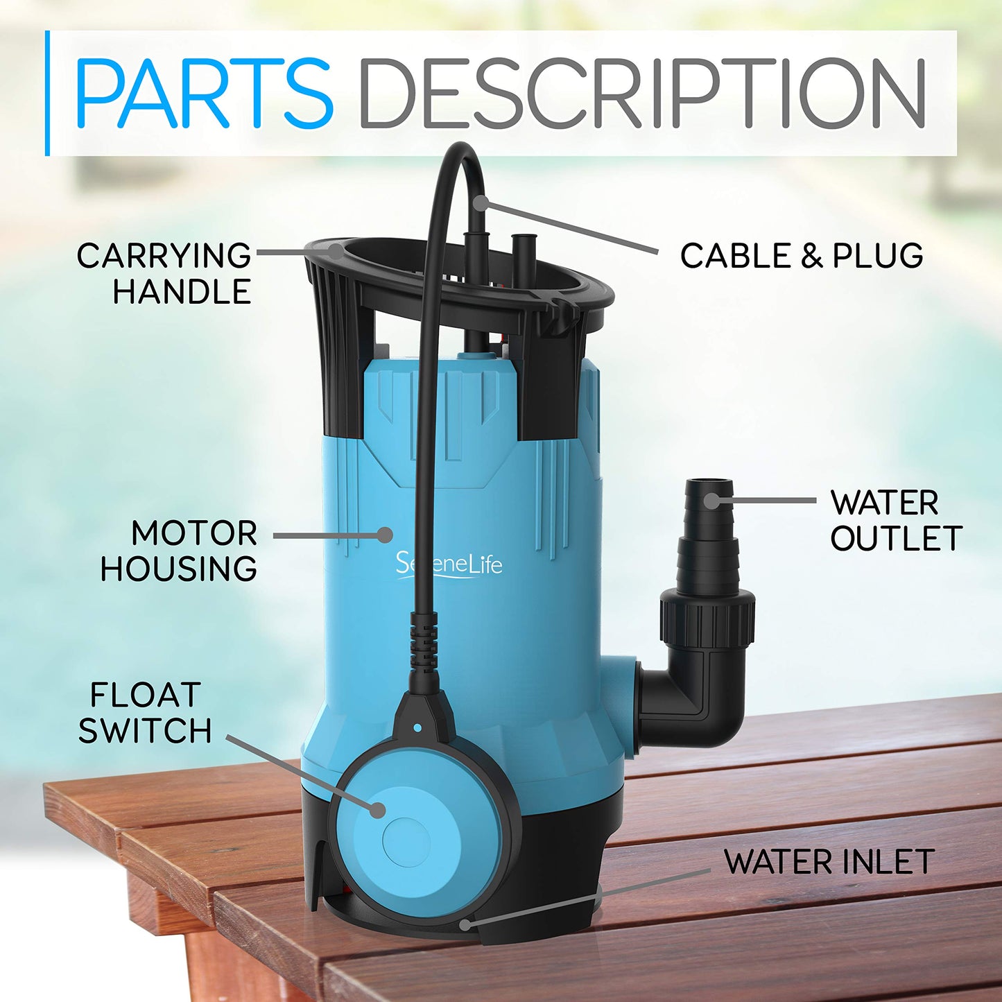 SereneLife 1HP Sump Pump Submersible, 3300GPH Water Pump for Pool Draining with Auto Float Switch, 3pc Adapter Set for USA Garden and Flat Hose, 16ft Cord, Clean Dirty Water, Yard, Pool, Tub, Pond