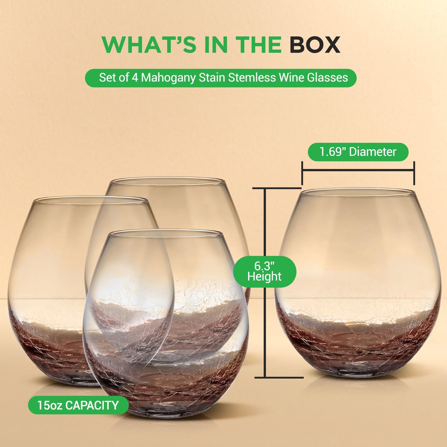 NutriChef Stemless 4 Wine Glasses 15 Ounces, Hand Blown Glasses for Home, Bar & Restaurant, Dishwasher Safe, Gift Set for Wine Lovers, Friends