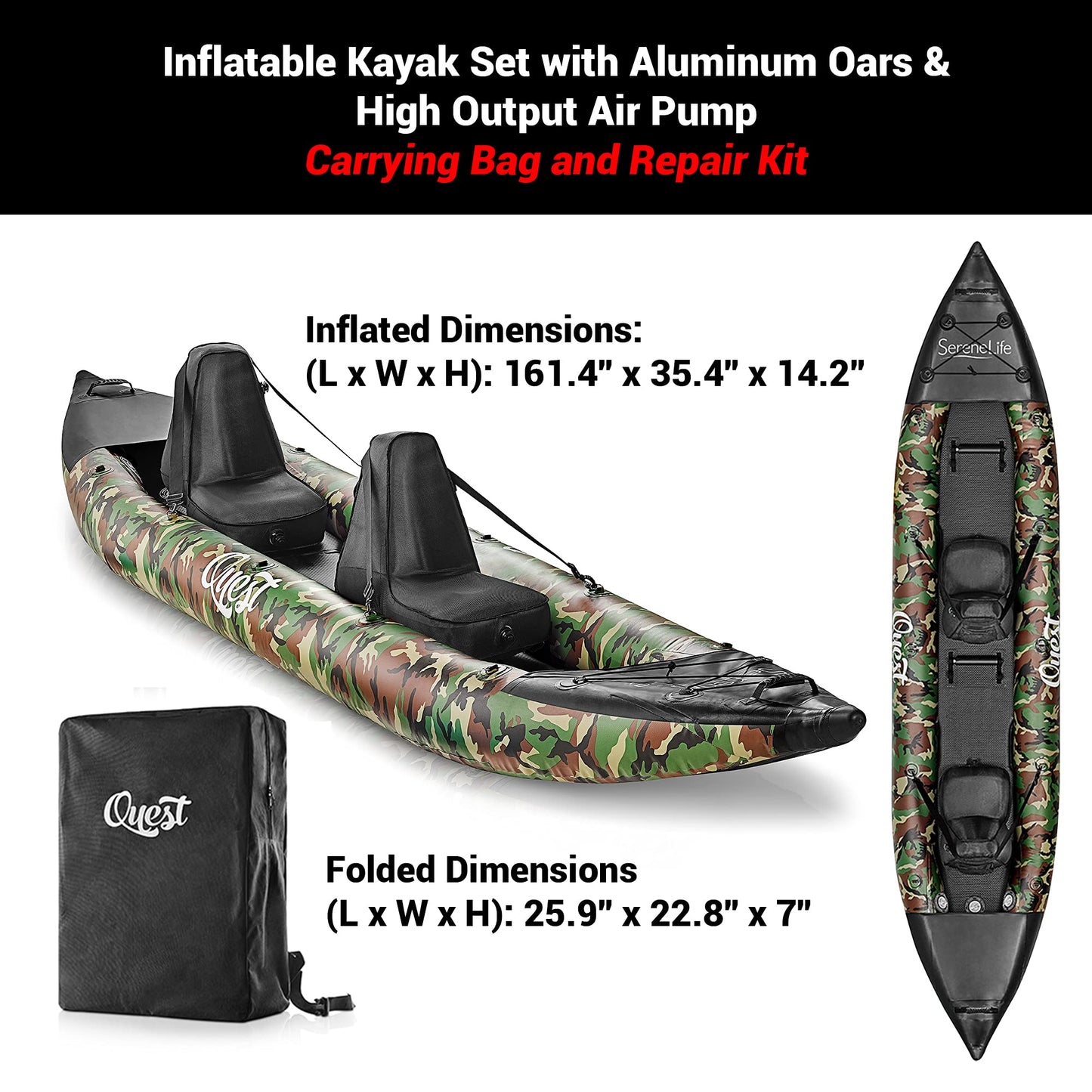 SereneLife 2-Person Inflatable Kayak with Aluminum Paddles & Pump – Portable, Lightweight Kayak for Adults with Adjustable Seats, Puncture-Resistant PVC, 660lb Capacity, Repair Kit & Carry Bag – Camo