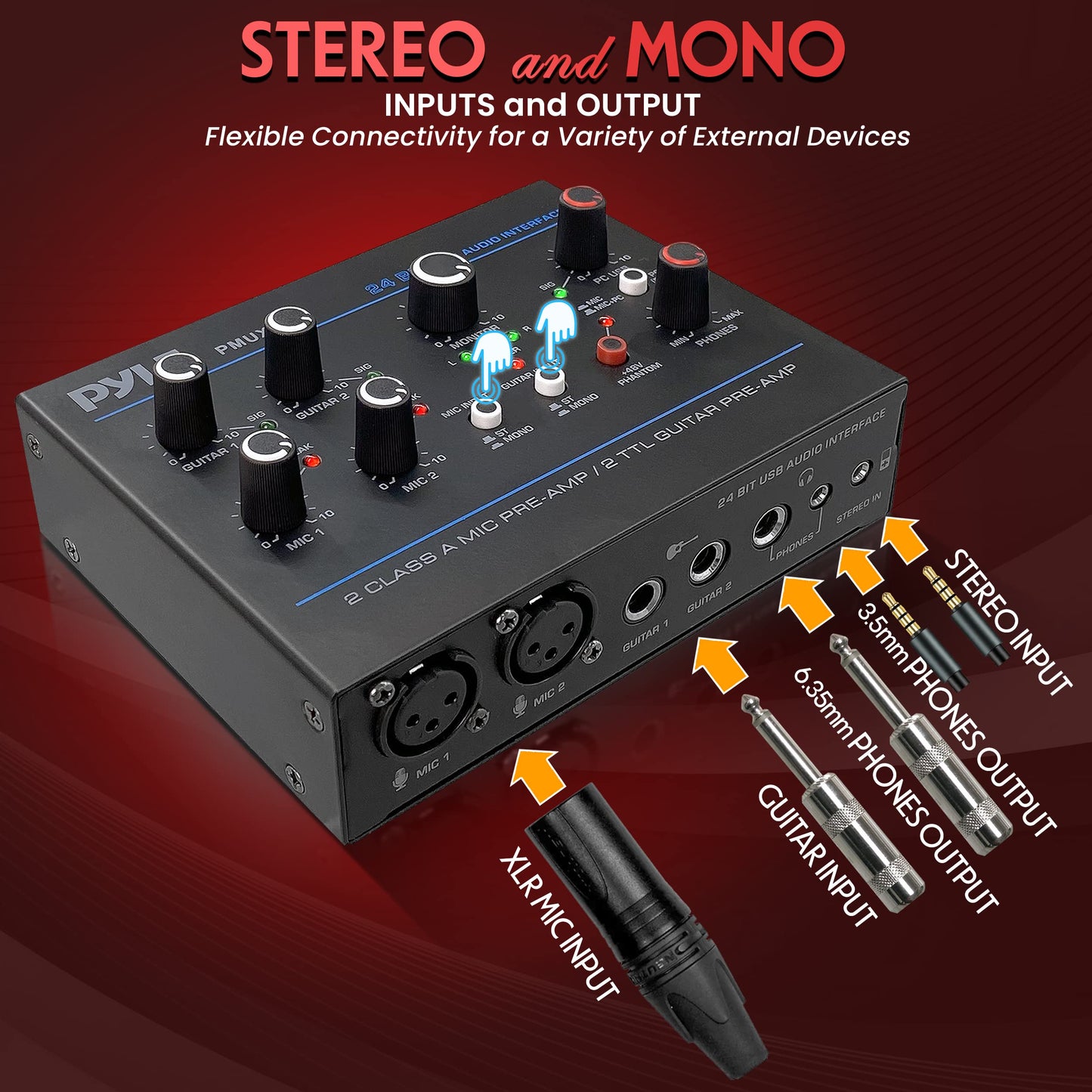 Pyle Professional USB Audio Interface - MIC/Guitar/AUX Stereo Inputs - Phone & Monitor Outputs - 48V Phantom Power - Ultra Low Noise - Compact Rugged Design - Ideal for PC Playing & Recording - PMUX6