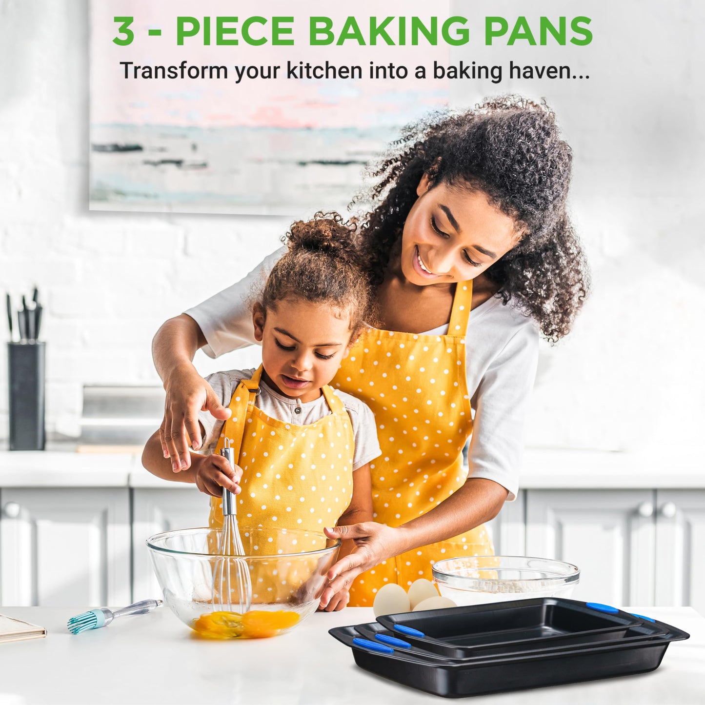 NutriChef 3-Piece Baking Pan Set - Premium Nonstick Carbon Steel Bakeware w/ Silicone Handles - Includes Large, Medium, & Small Pans for Baking & Roasting - PFOA, PFOS, PTFE Free - Gray