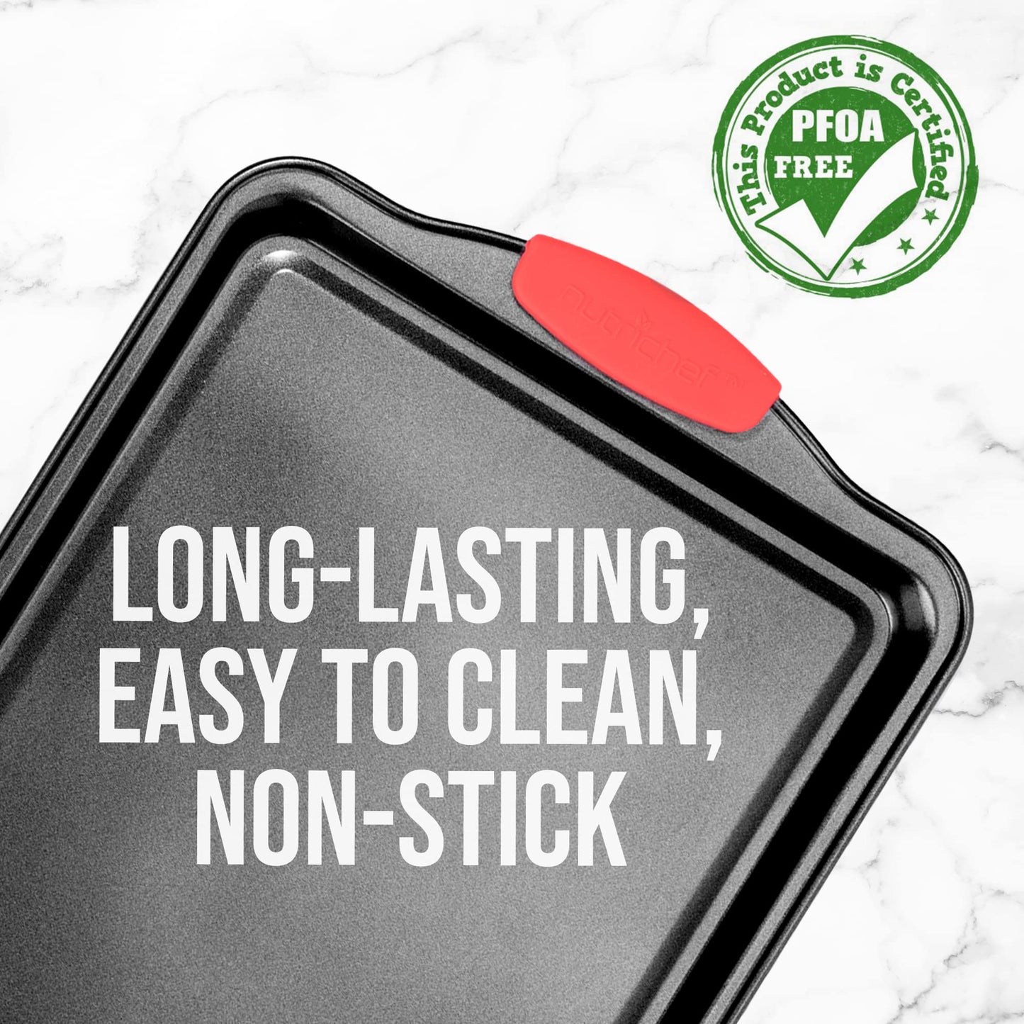 Nutrichef Nonstick Small Cookie Baking Sheet, Smooth Gray Coating with Red Silicone Handles, Kitchen Essential, Durable Sheet Pan, Dishwasher Safe, PFOA, PFOS, PTFE Free, 13.38’’ × 8.66’’ × 0.59’’